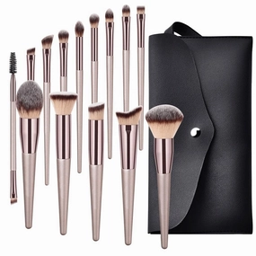 JSEIAJB 14 Champagne Gold Wood Handle Makeup Brush Beauty Tools Foundation Make Up Eye Shadow Brush Set