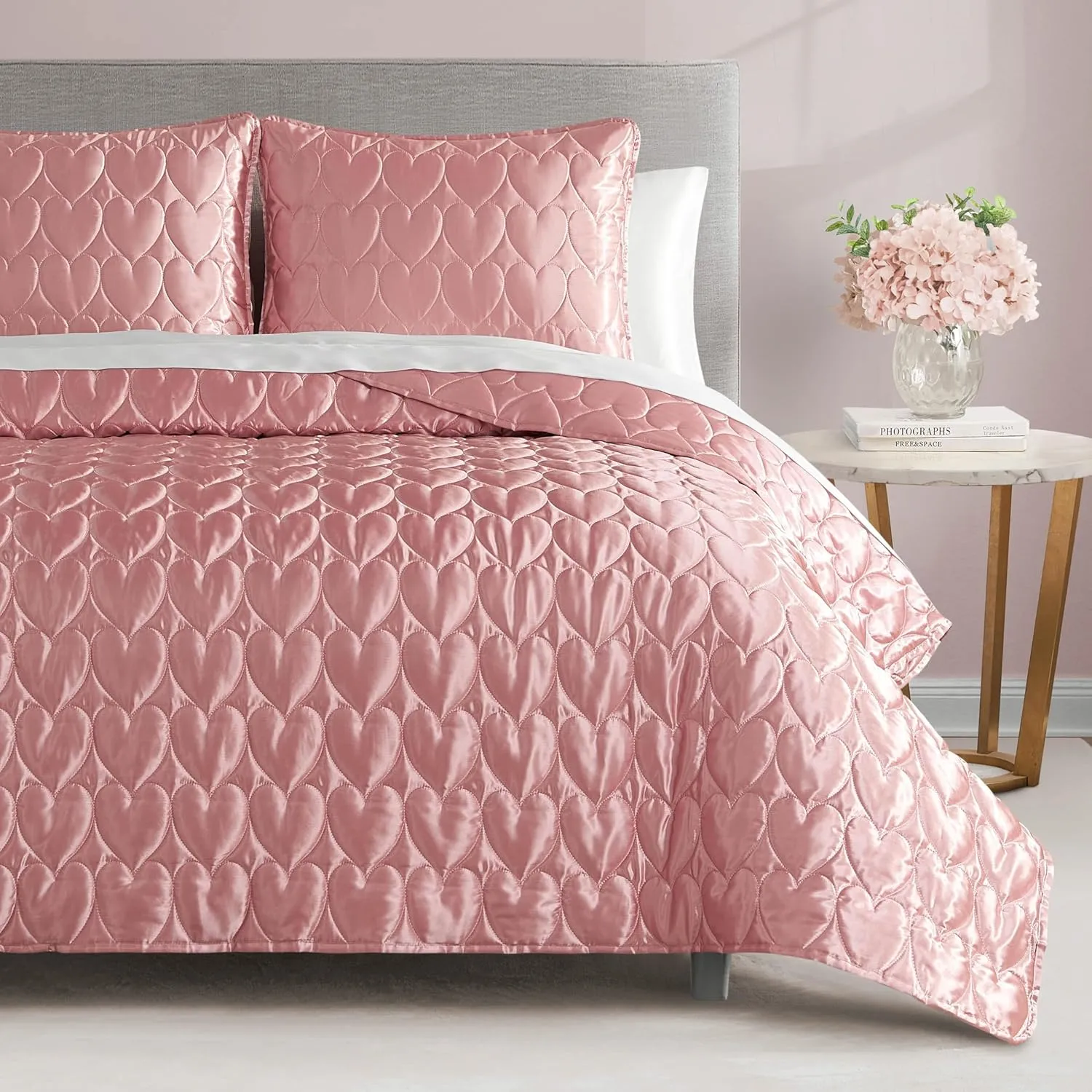 Juicy Couture Satin Heart Stitched 3 Piece Full/Queen Quilt Set, Rose Gold Luxury Bedding Set