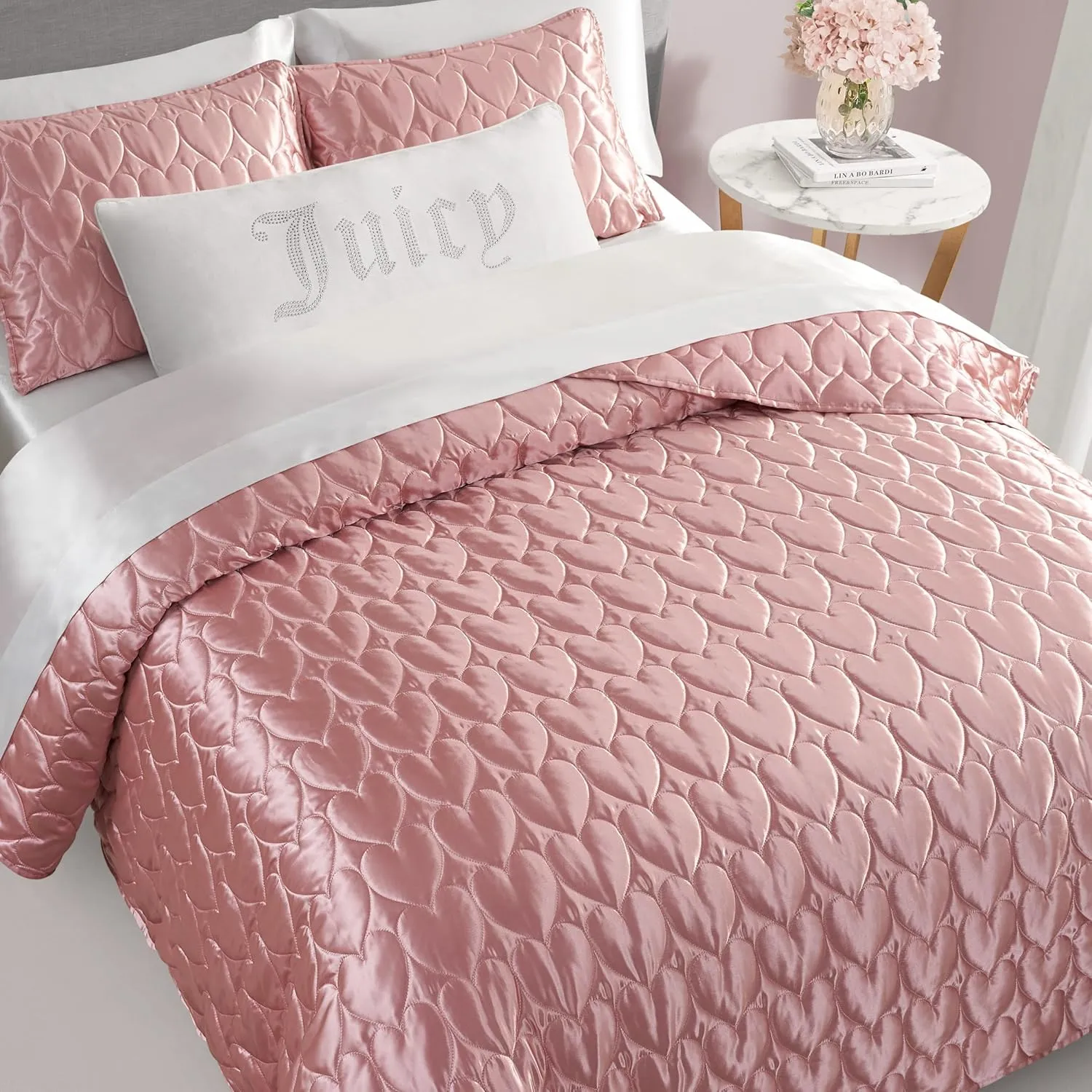 Juicy Couture Satin Heart Stitched 3 Piece Full/Queen Quilt Set, Rose Gold Luxury Bedding Set