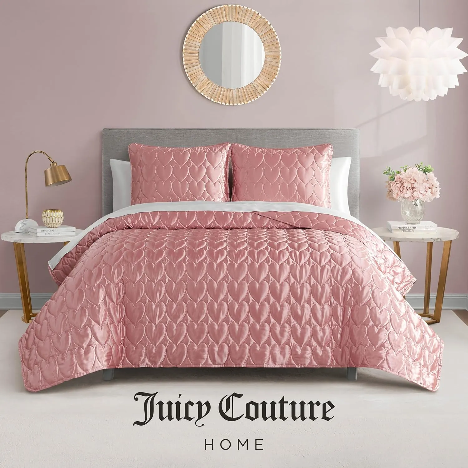 Juicy Couture Satin Heart Stitched 3 Piece Full/Queen Quilt Set, Rose Gold Luxury Bedding Set