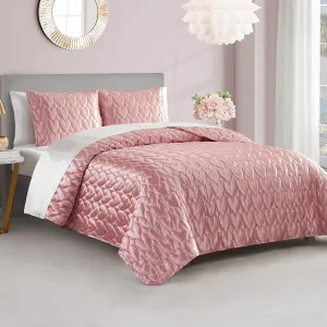 Juicy Couture Satin Heart Stitched 3 Piece Full/Queen Quilt Set, Rose Gold Luxury Bedding Set