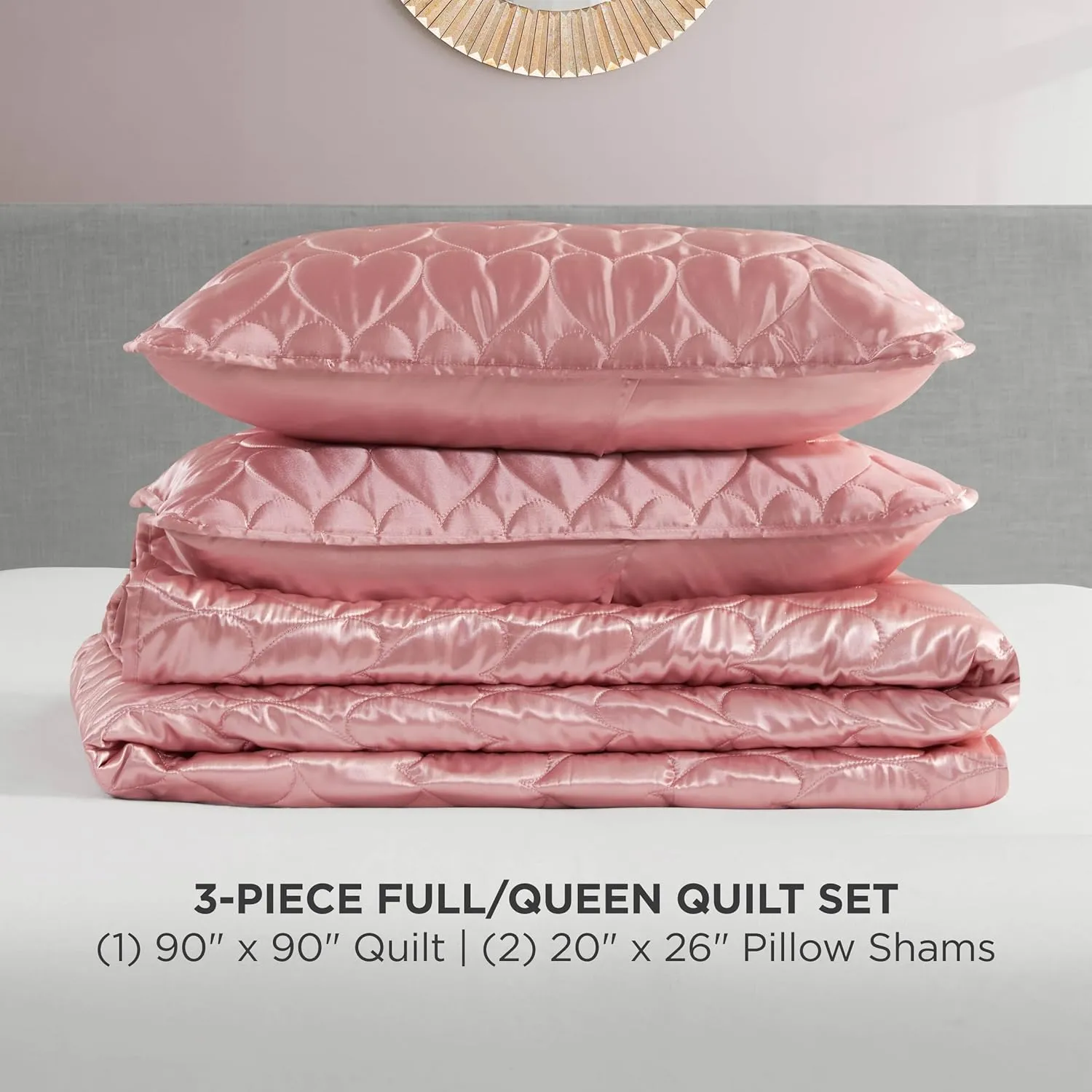 Juicy Couture Satin Heart Stitched 3 Piece Full/Queen Quilt Set, Rose Gold Luxury Bedding Set