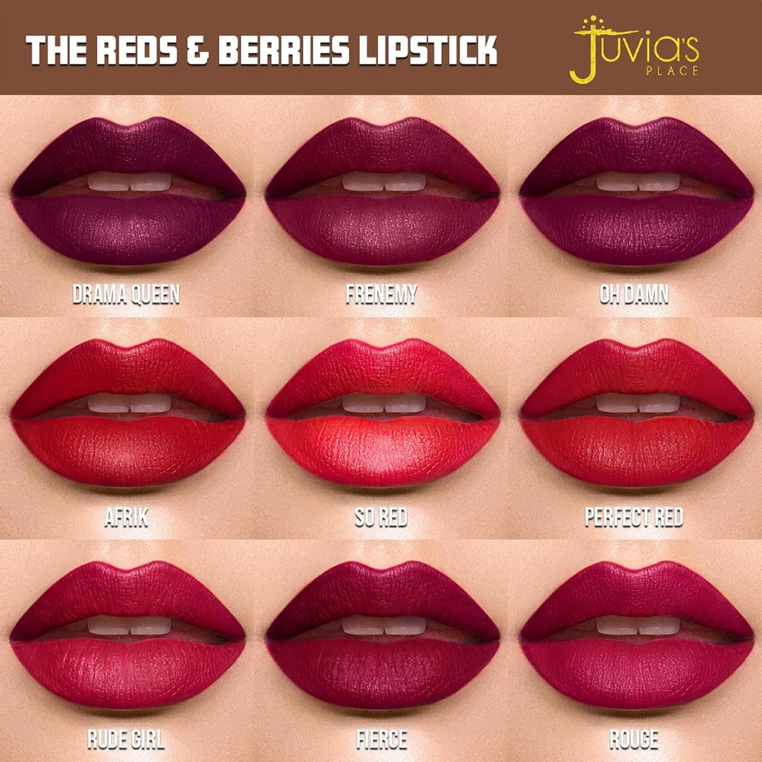 Juvia's Place Reds & Berries Velvety Matte Lipsticks The Deep Reds Rouge - Deep Wine Red, Soft-Matte Lipstick, Hydrating, Highly Pigmented, Creamy, Smooth, and Long-Lasting