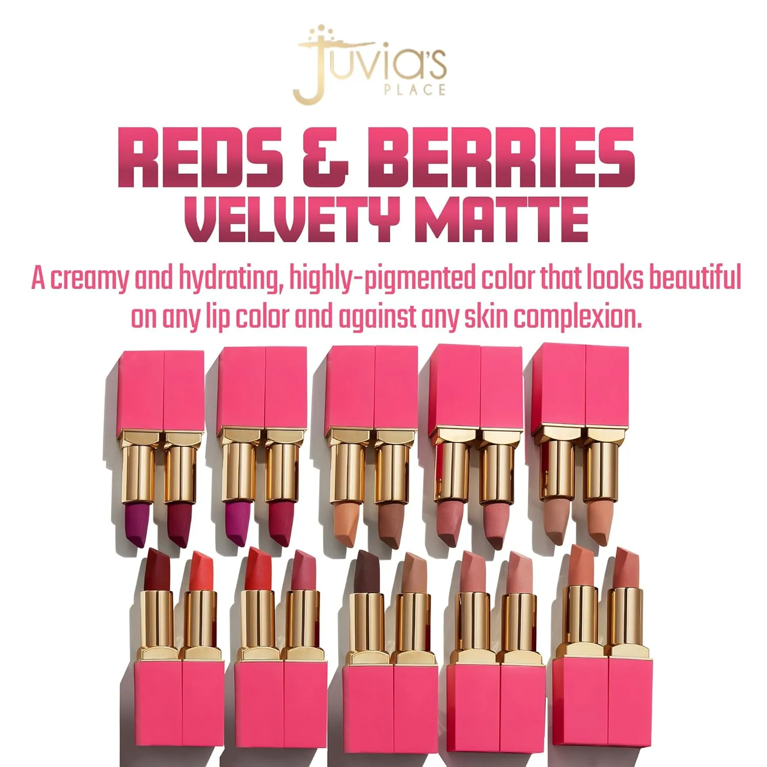 Juvia's Place Reds & Berries Velvety Matte Lipsticks The Deep Reds Rouge - Deep Wine Red, Soft-Matte Lipstick, Hydrating, Highly Pigmented, Creamy, Smooth, and Long-Lasting