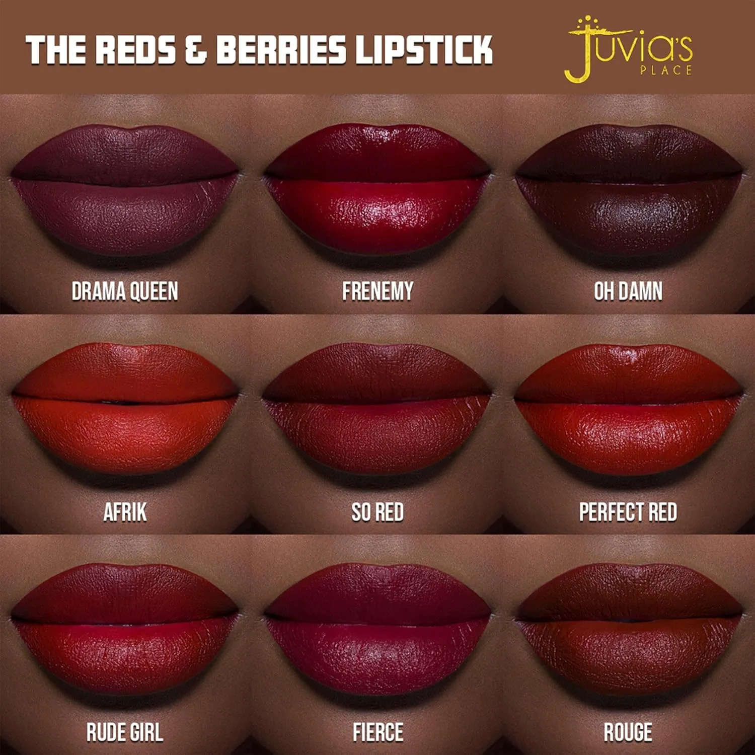 Juvia's Place Reds & Berries Velvety Matte Lipsticks The Deep Reds Rouge - Deep Wine Red, Soft-Matte Lipstick, Hydrating, Highly Pigmented, Creamy, Smooth, and Long-Lasting
