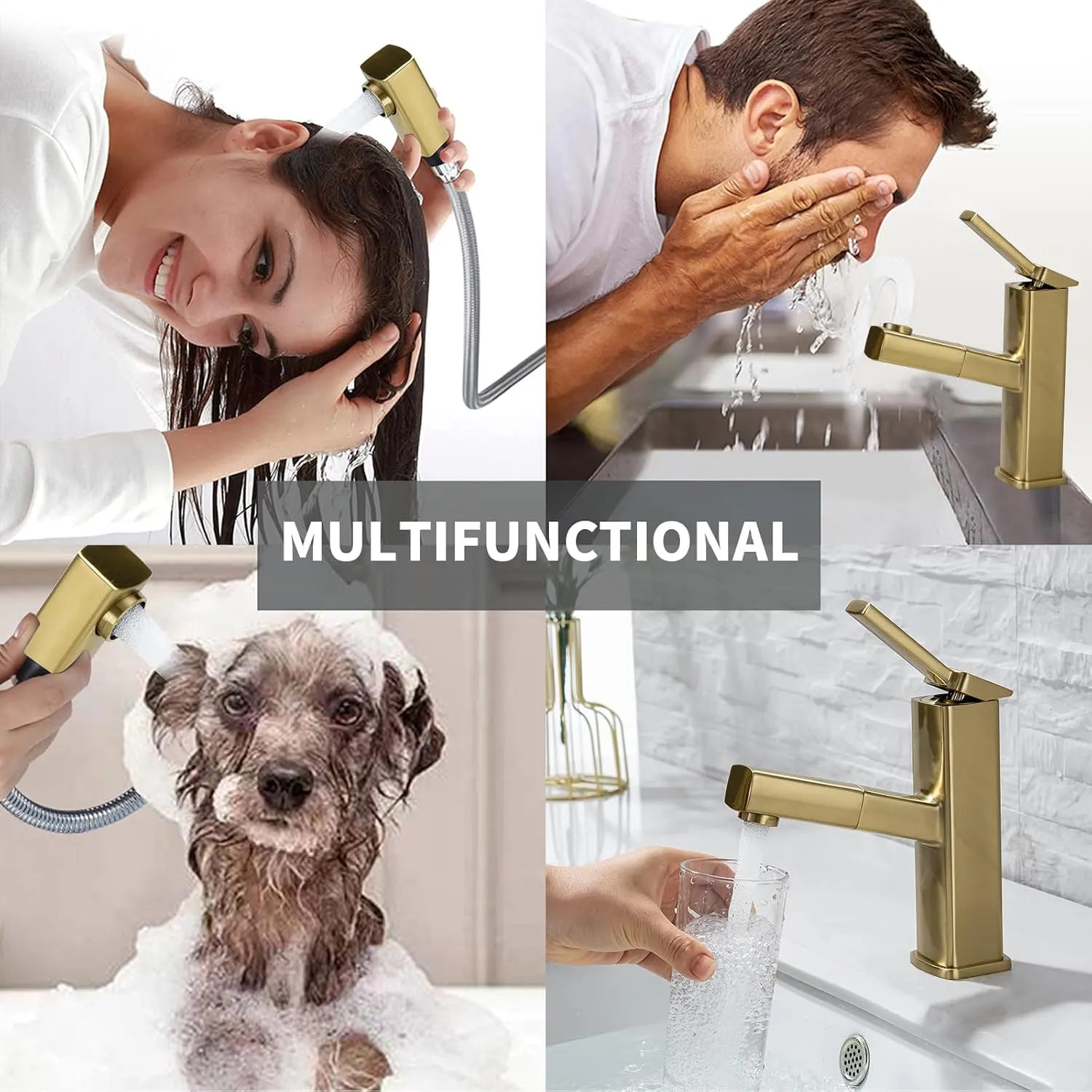 KAIYING Bathroom Sink Faucet with Pull Out Sprayer, Single Handle Basin Mixer Tap for Hot and Cold Water, Lavatory Pull Down Sink Faucet with Rotating Spout (Regular,Brushed Champagne Gold)