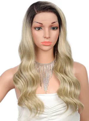 Kalyss 24" Side Parted Lace Front Wigs for Women Long Body Wavy Curly Heat Resistant Japan-made Synthetic Lace Frontal Wigs with Baby Hairs for Daily Wear (Ombre Brown to Champagne Blonde)