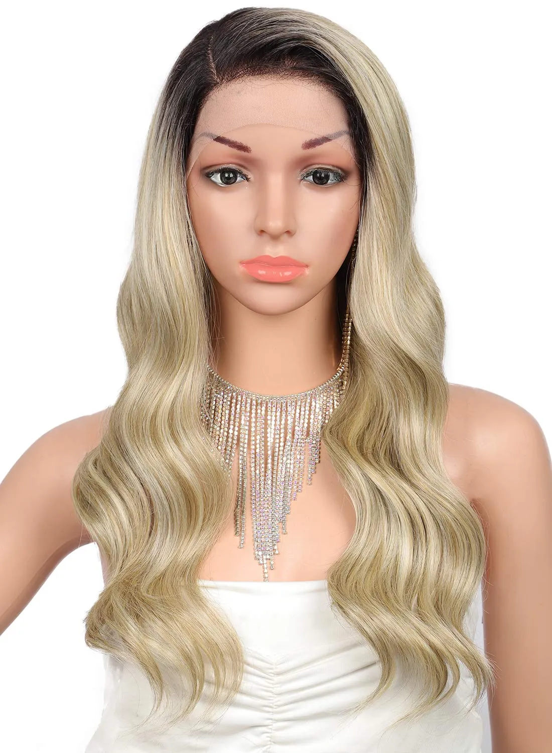 Kalyss 24" Side Parted Lace Front Wigs for Women Long Body Wavy Curly Heat Resistant Japan-made Synthetic Lace Frontal Wigs with Baby Hairs for Daily Wear (Ombre Brown to Champagne Blonde)
