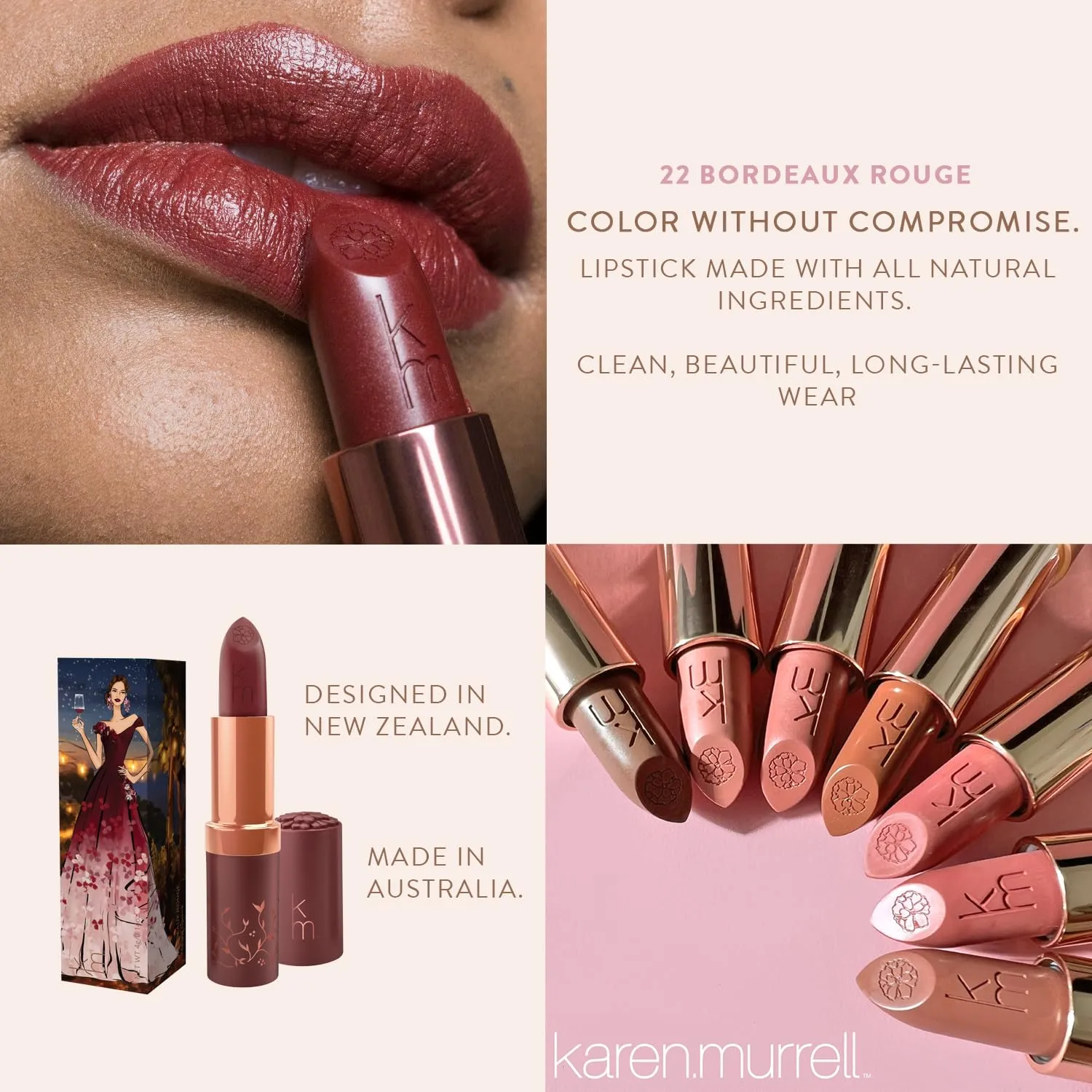Karen Murrell - Natural Lip Stick - Lipstick 22 Bordeaux Rouge - Dark Red Lipstick - Matte Finish, 100% Natural Ingredients, Moisturizes & Hydrates Lips - Paraben & Cruelty Free