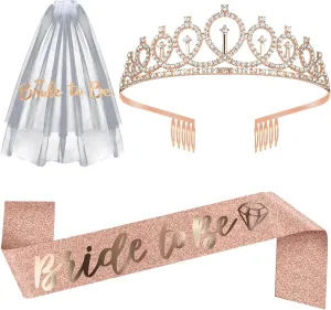 KatchOn, Glitter Bachelorette Party Decorations Set - Pack of 3 | Rose Gold Bride to Be Sash and Veil | Bridal Shower Decorations | Bachelorette Sash | Bridal Shower Sash | Bachelorette Party Favors