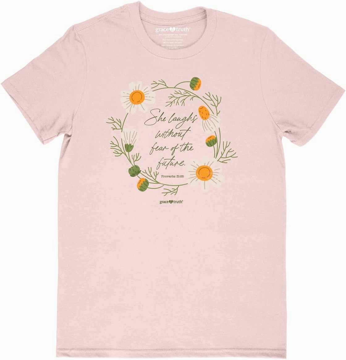 Kerusso Grace & TruthShe Laughs Without Fear of The Future Daisies Blush Pink Cotton Crew Neck T-Shirt