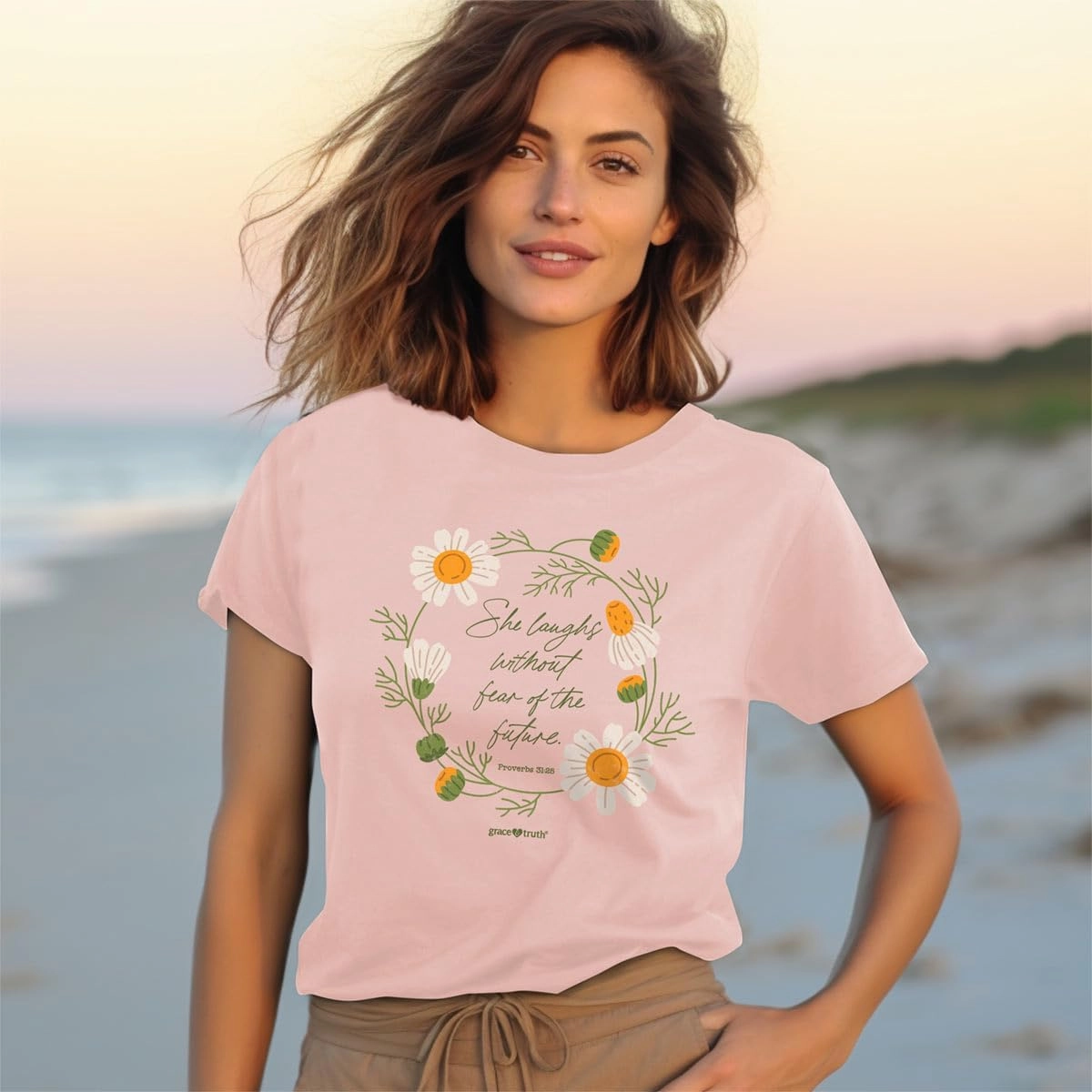 Kerusso Grace & TruthShe Laughs Without Fear of The Future Daisies Blush Pink Cotton Crew Neck T-Shirt