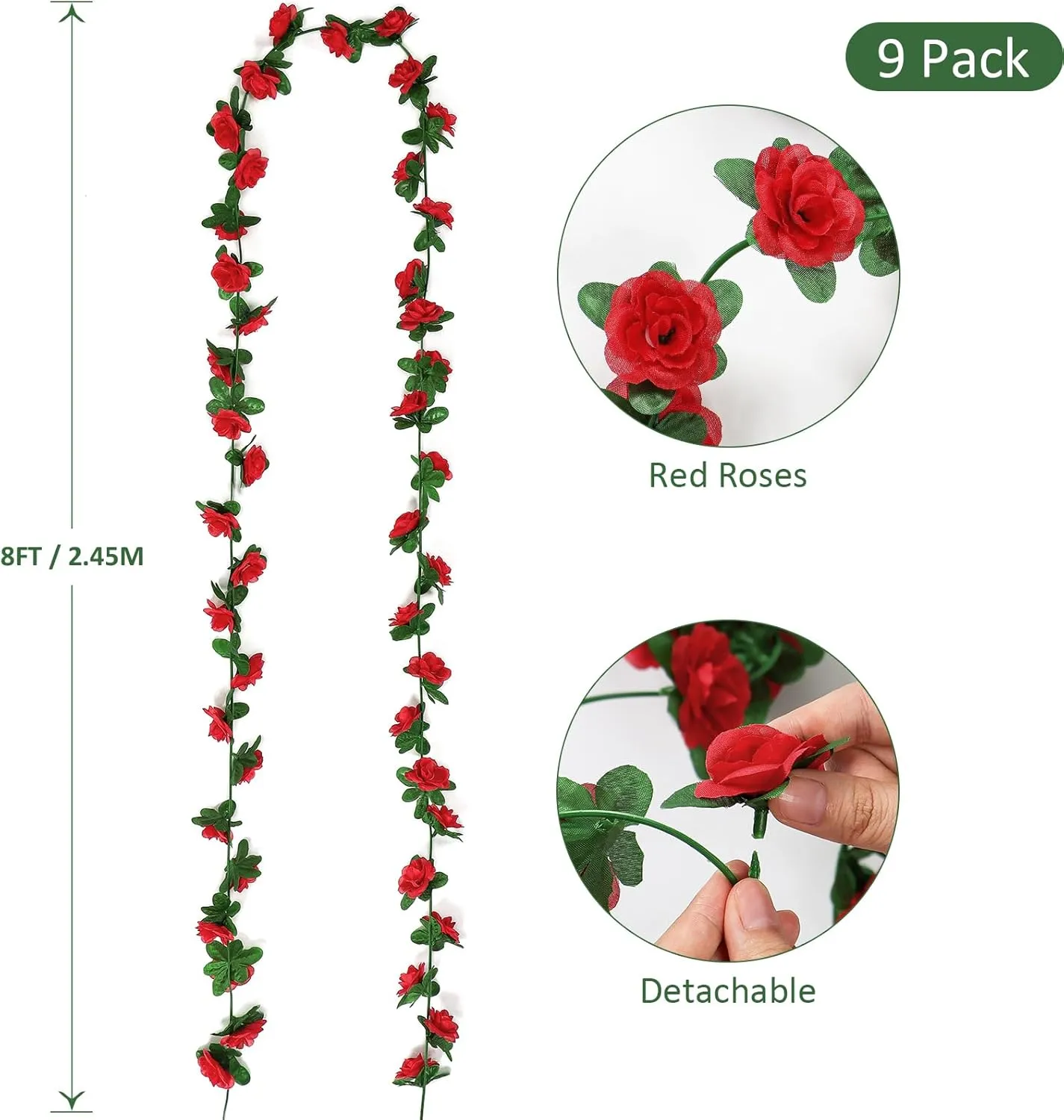 KHOYIME 9 Pack 72 FT Artificial Flower Garland, Fake Red Roses Vines Silk Flowers Faux Plastic Outdoor Hanging Floral Ivy Garland Decoration for Wedding Arch Bedroom Home Wall Backdrop Room Decor