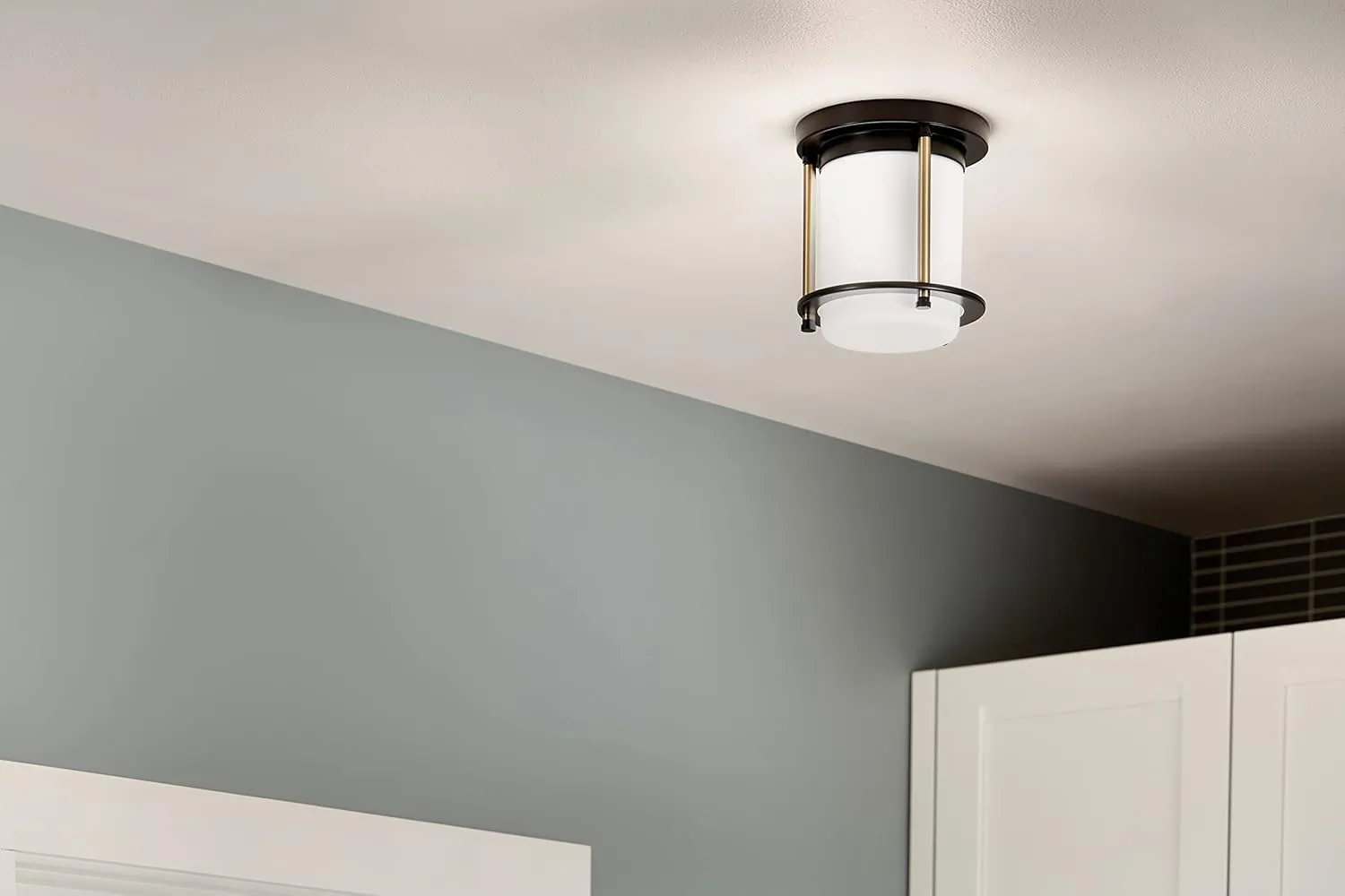 Kichler Brit 52596BKCPZ Flush Mount 1-Light 7.25˝ with Satin Etched Cased Opal Glass in Black and Champagne Bronze