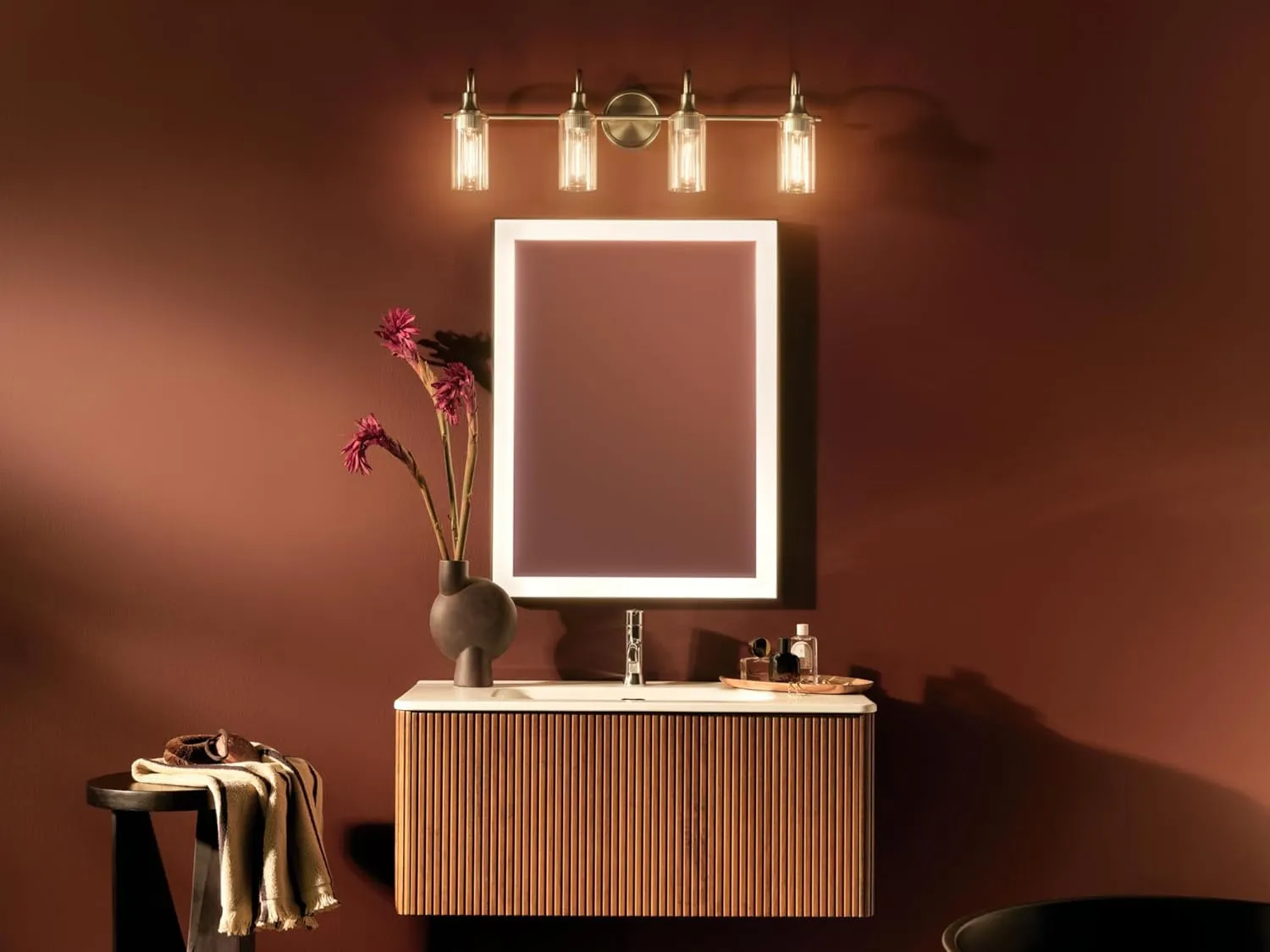 Kichler Kavi 31.5" 4-Light Vanity Light with Clear Glass in Champagne Bronze, Damp Rated, for Bathroom, Powder Room, Over a Mirror, (31.5" W x 10" H), 55212CPZ