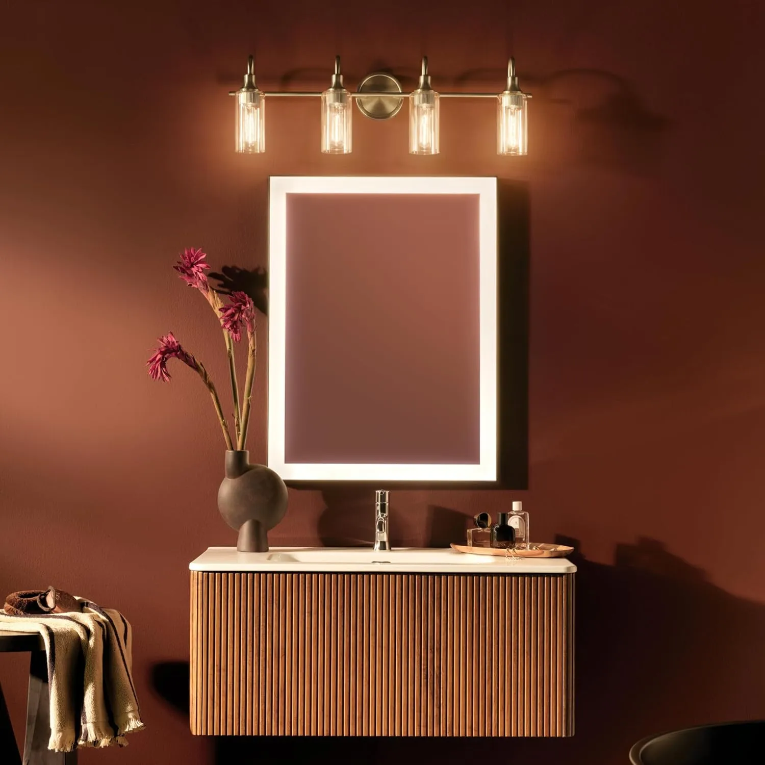 Kichler Kavi 31.5" 4-Light Vanity Light with Clear Glass in Champagne Bronze, Damp Rated, for Bathroom, Powder Room, Over a Mirror, (31.5" W x 10" H), 55212CPZ