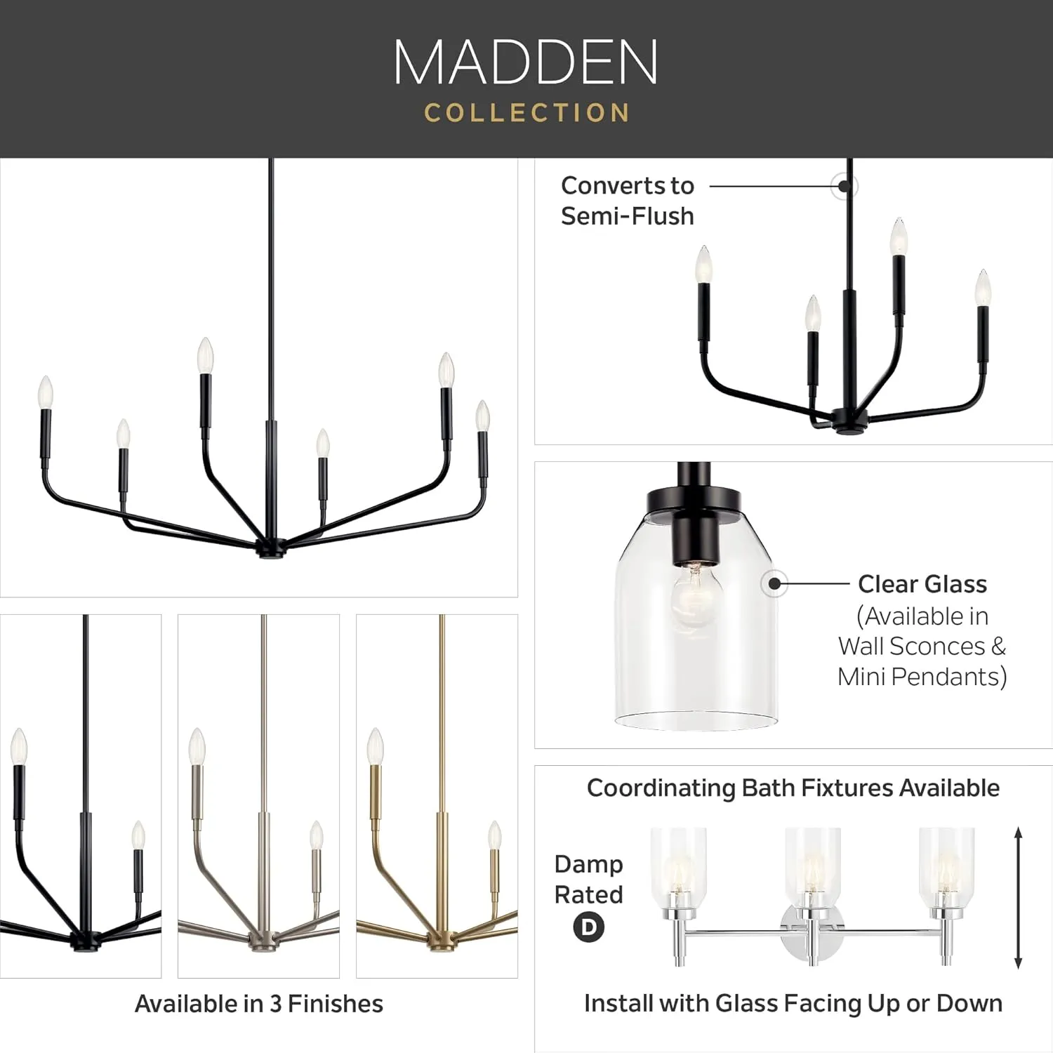 KICHLER Madden 3-Light Vanity with Clear Glass in Champagne Bronze, Sloped Ceiling Compatible, for Single Vanity in Bathroom (10.5" x 24"), 55185CPZ