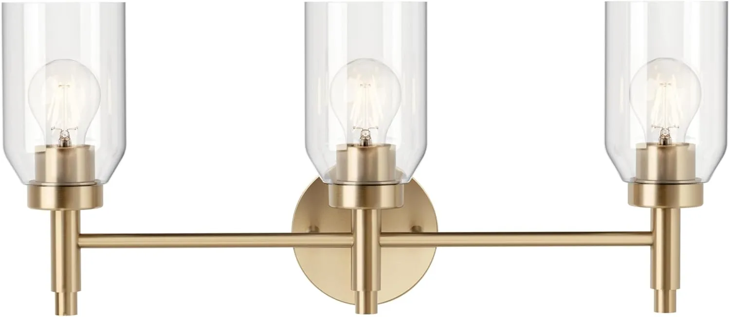 KICHLER Madden 3-Light Vanity with Clear Glass in Champagne Bronze, Sloped Ceiling Compatible, for Single Vanity in Bathroom (10.5" x 24"), 55185CPZ
