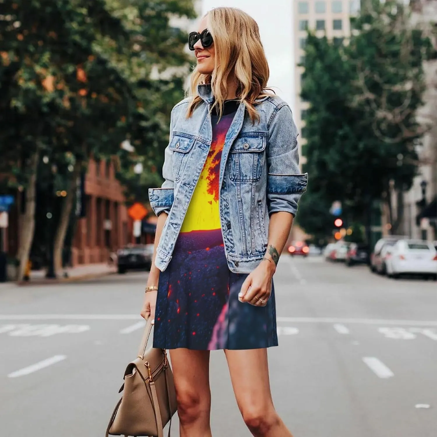 Kilauea Volcano Print Boho Dress for Women Sleeveless Crew Neck Summer Women's Casual Loose Dress Assorted Size