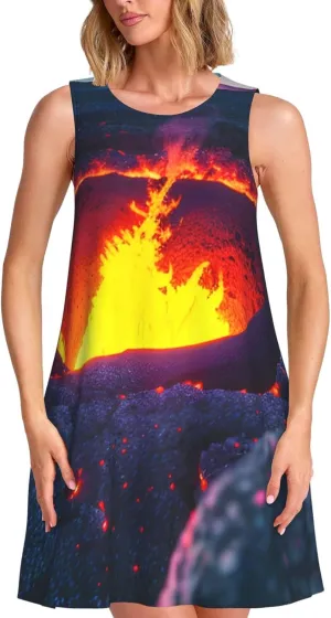 Kilauea Volcano Print Boho Dress for Women Sleeveless Crew Neck Summer Women's Casual Loose Dress Assorted Size