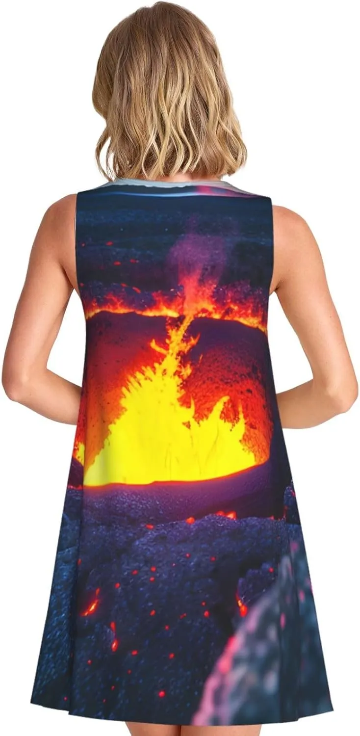 Kilauea Volcano Print Boho Dress for Women Sleeveless Crew Neck Summer Women's Casual Loose Dress Assorted Size