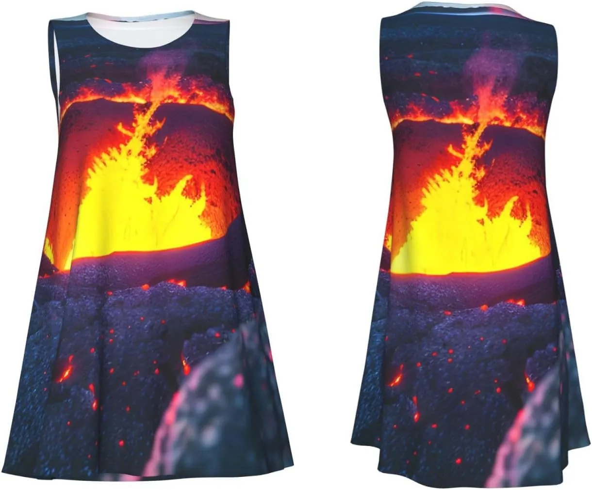 Kilauea Volcano Print Boho Dress for Women Sleeveless Crew Neck Summer Women's Casual Loose Dress Assorted Size