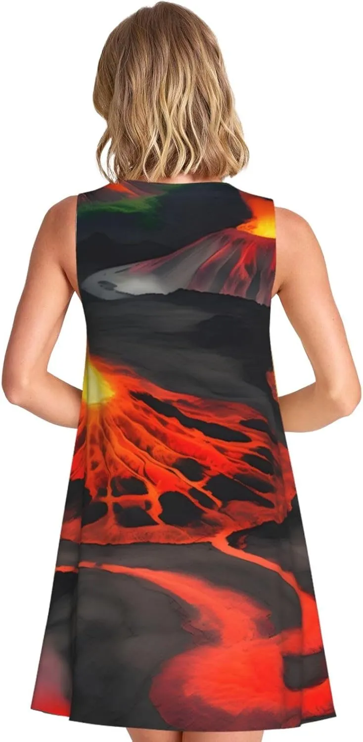 Kilauea Volcanos Print Boho Dress for Women Sleeveless Crew Neck Summer Women's Casual Loose Dress Assorted Size