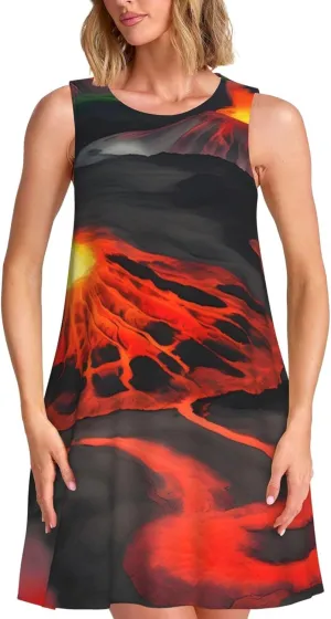 Kilauea Volcanos Print Boho Dress for Women Sleeveless Crew Neck Summer Women's Casual Loose Dress Assorted Size