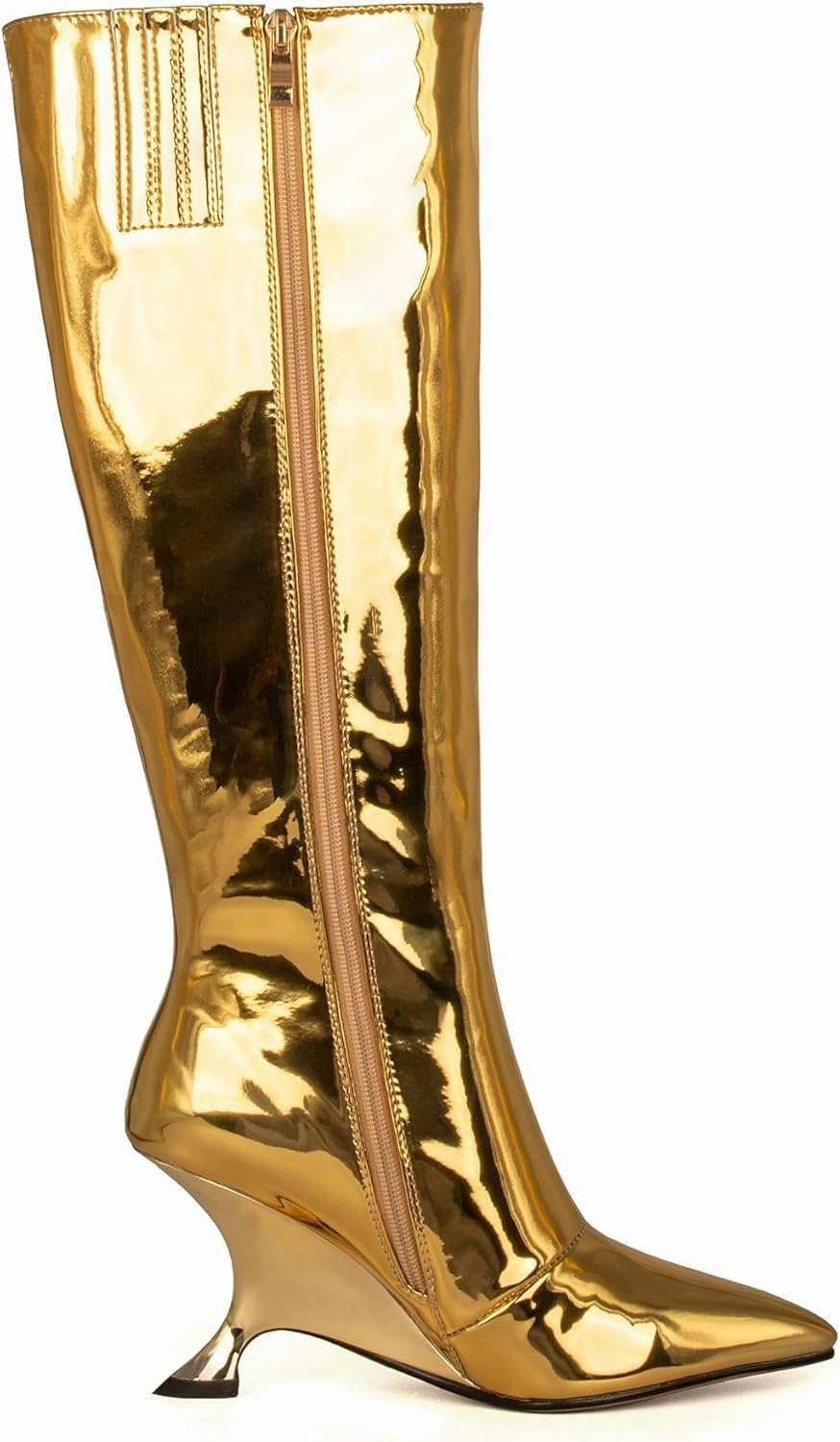 Kluolandi Metallic Boots for Women Knee High Sculptural Wedge Heel Boots with Zipper and Pointed Toe Fashion Party Shoes