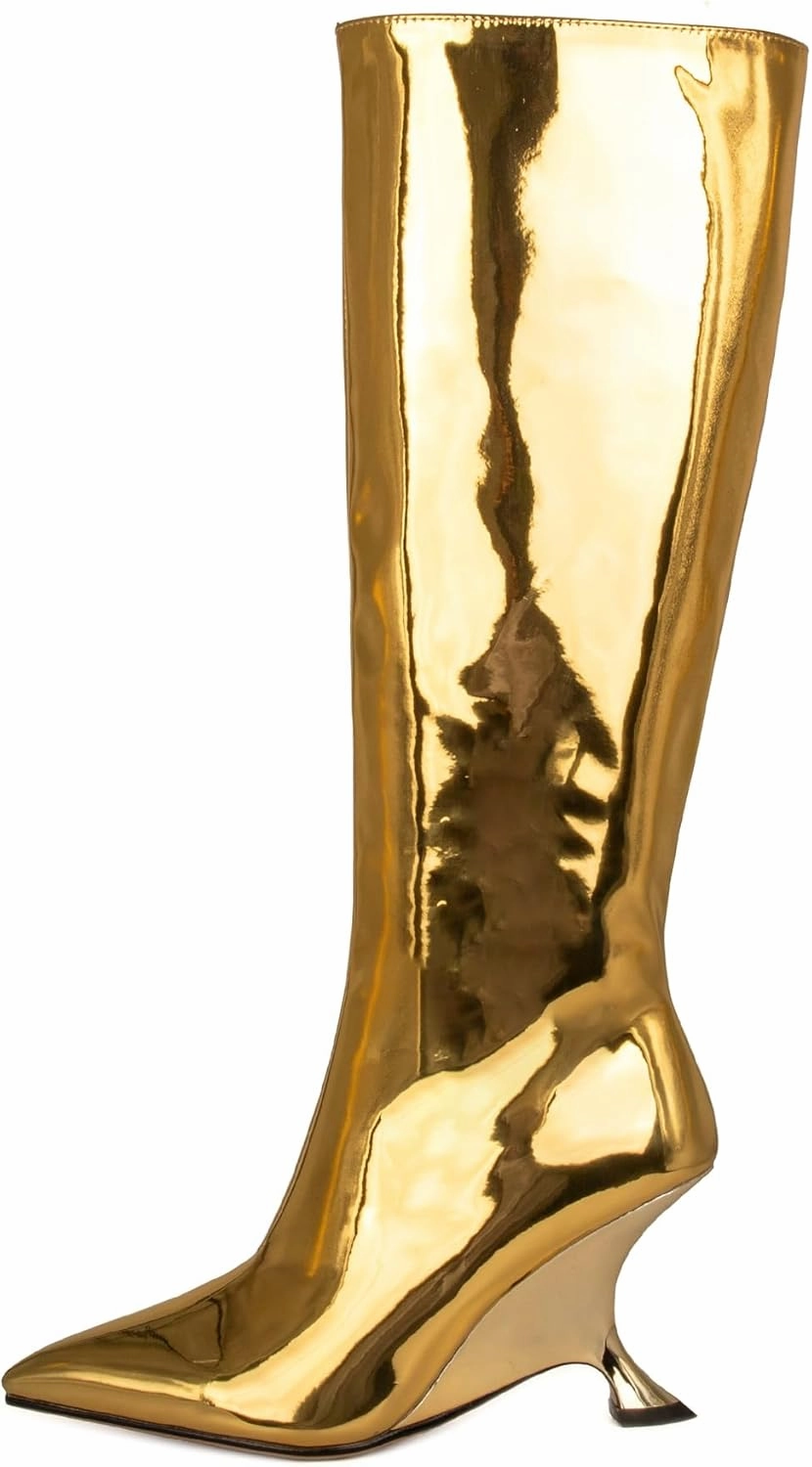 Kluolandi Metallic Boots for Women Knee High Sculptural Wedge Heel Boots with Zipper and Pointed Toe Fashion Party Shoes