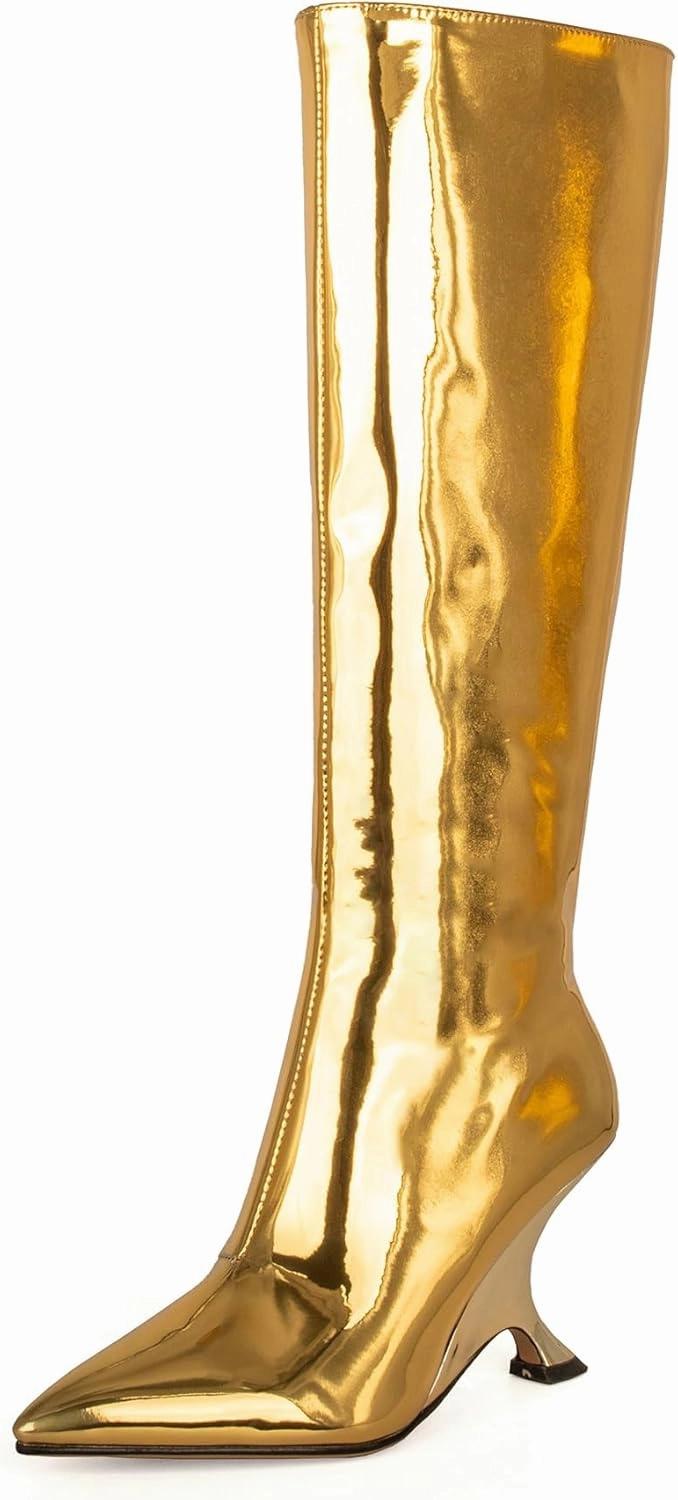 Kluolandi Metallic Boots for Women Knee High Sculptural Wedge Heel Boots with Zipper and Pointed Toe Fashion Party Shoes