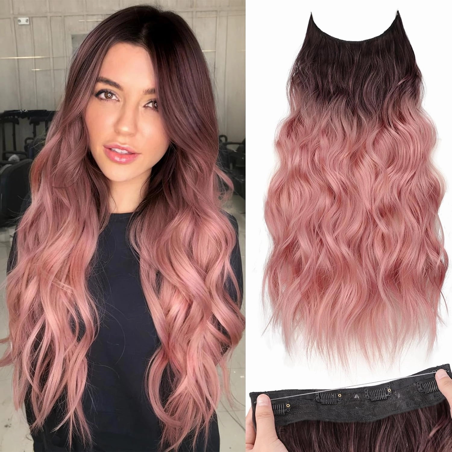 KooKaStyle Invisible Wire Hair Extensions with Transparent Headband Adjustable Size 4 Secure Clips Long Wavy Highlight Hairpiece 20 Inch Dark Brown to Rose Gold Ombre for Women