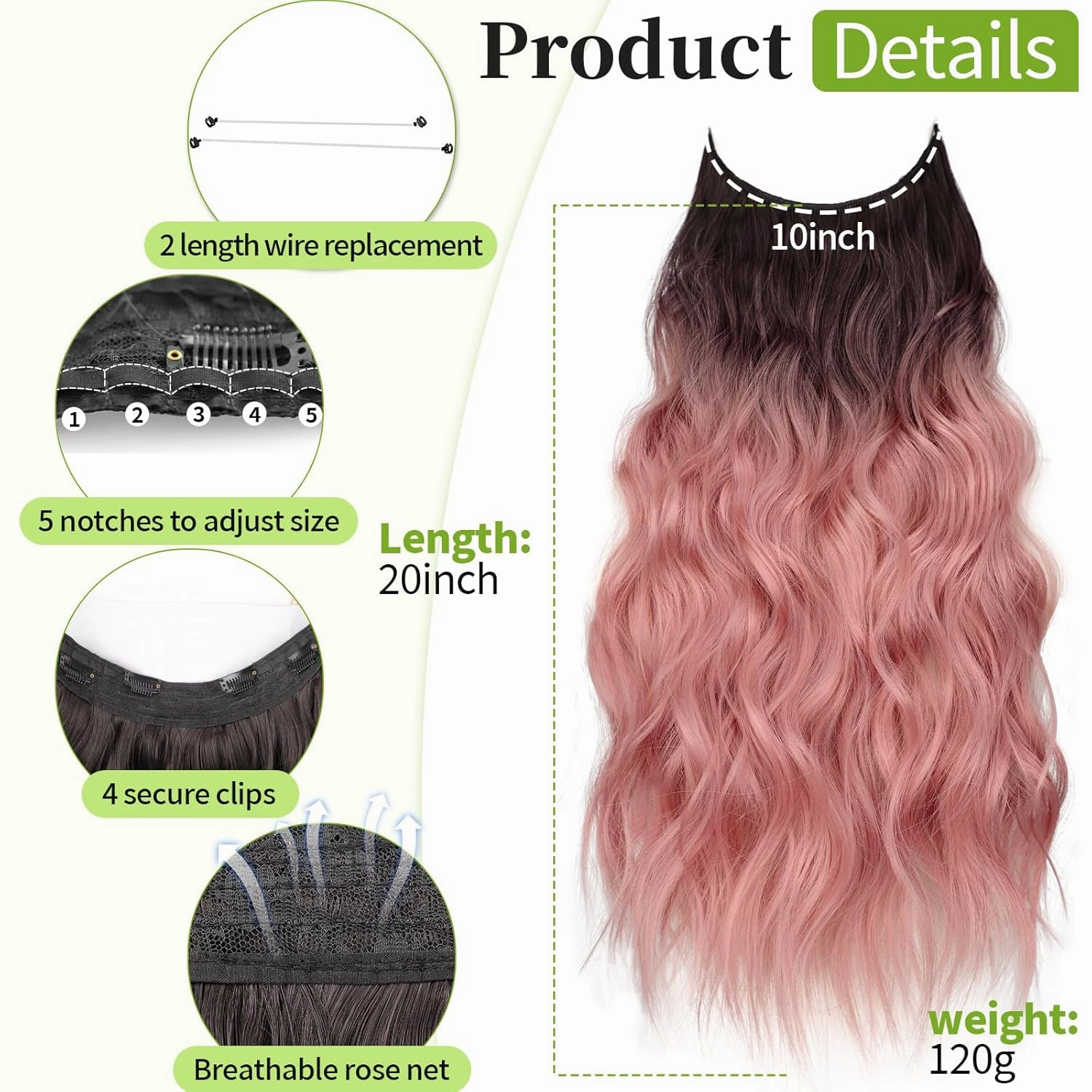KooKaStyle Invisible Wire Hair Extensions with Transparent Headband Adjustable Size 4 Secure Clips Long Wavy Highlight Hairpiece 20 Inch Dark Brown to Rose Gold Ombre for Women