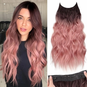 KooKaStyle Invisible Wire Hair Extensions with Transparent Headband Adjustable Size 4 Secure Clips Long Wavy Highlight Hairpiece 20 Inch Dark Brown to Rose Gold Ombre for Women