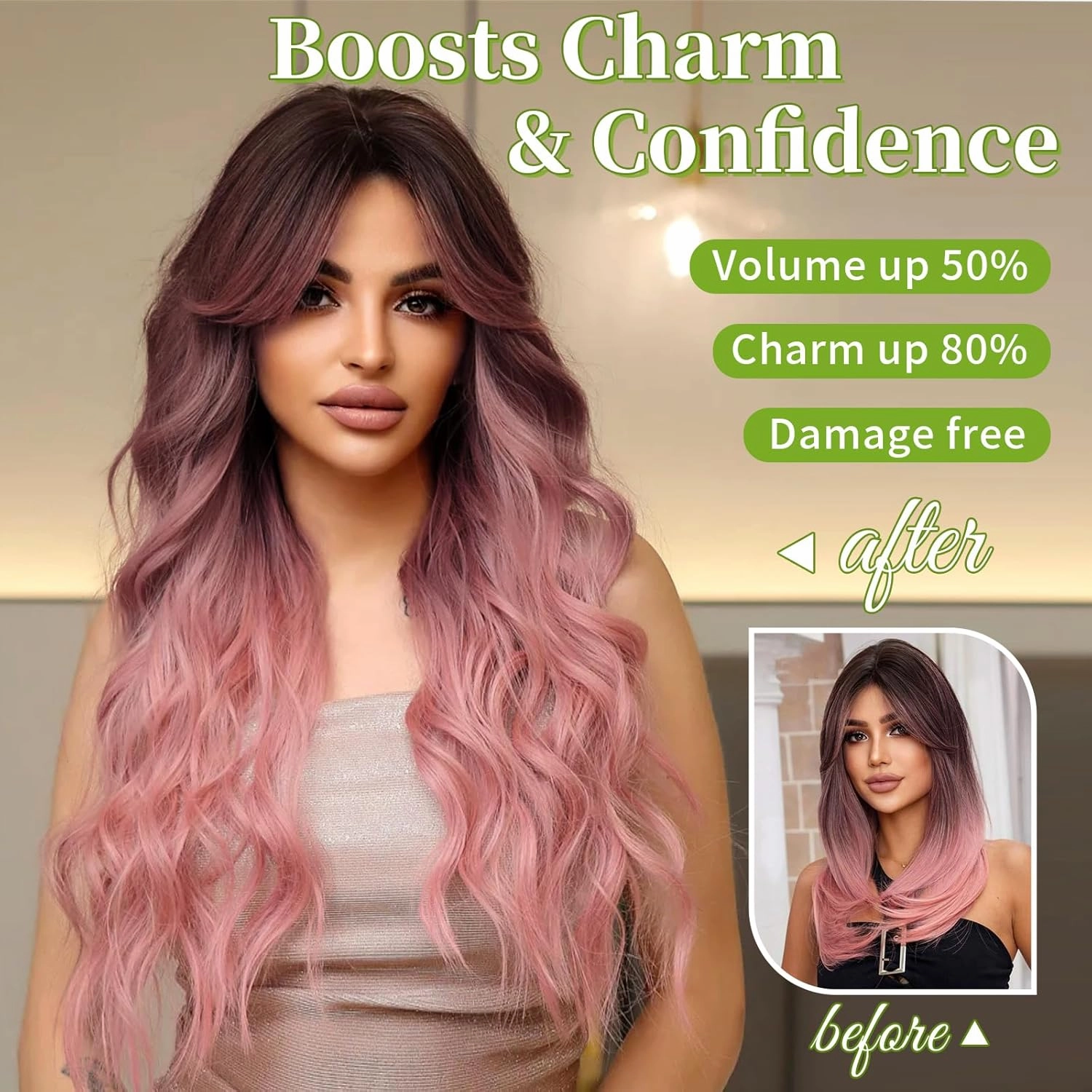 KooKaStyle Invisible Wire Hair Extensions with Transparent Headband Adjustable Size 4 Secure Clips Long Wavy Highlight Hairpiece 20 Inch Dark Brown to Rose Gold Ombre for Women