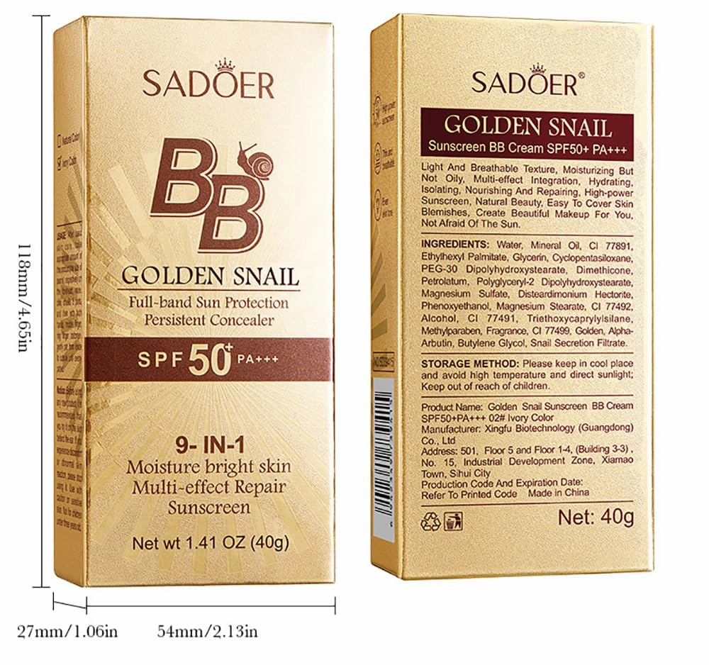 Korean BB Cream with SPF 50 PA    , Gold Snail Full Band Sun Protection Persistent Concealer, 9 in 1 Moisture Bright Skin Multi Effect Repair Sunscreen (2 Natural)