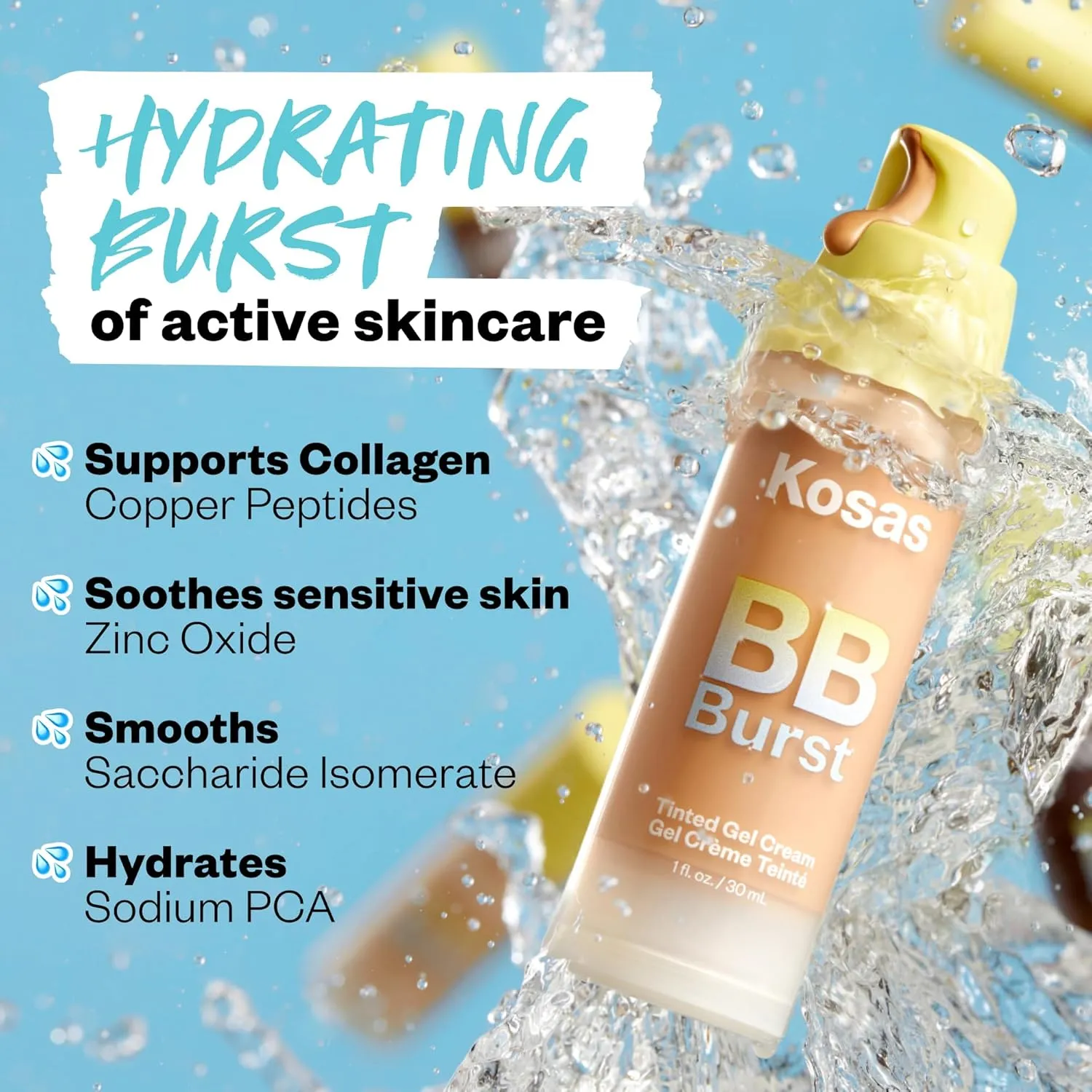 Kosas BB Burst Tinted Face Gel Cream - Supports Healthy Collagen, Smoothes Skin, Hydrates & Moisturizes - Lightweight Buildable Coverage - Light Medium Neutral Warm 20, (1 Oz/30 ML)