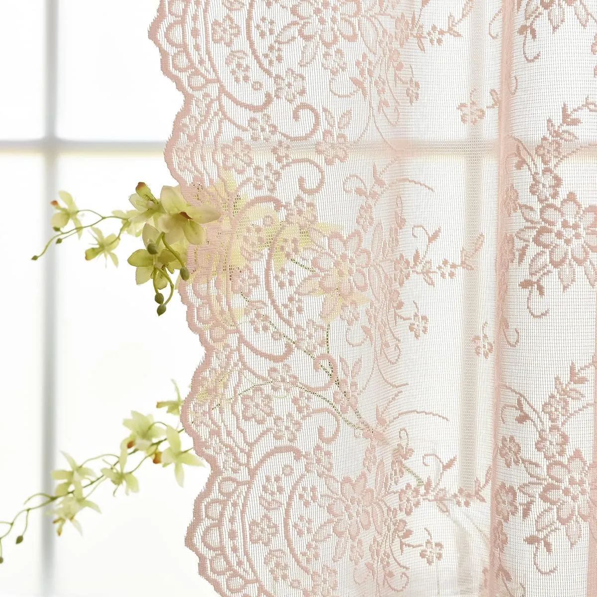 Kotile Blush Lace Curtains 84 Inches Long, Embroidery Country Rustic Floral Sheer Lace Curtains for Girls Room, Rod Pocket Privacy Window Lace Sheer Curtains, 52 x 84 in, 2 Panels, Blush Pink
