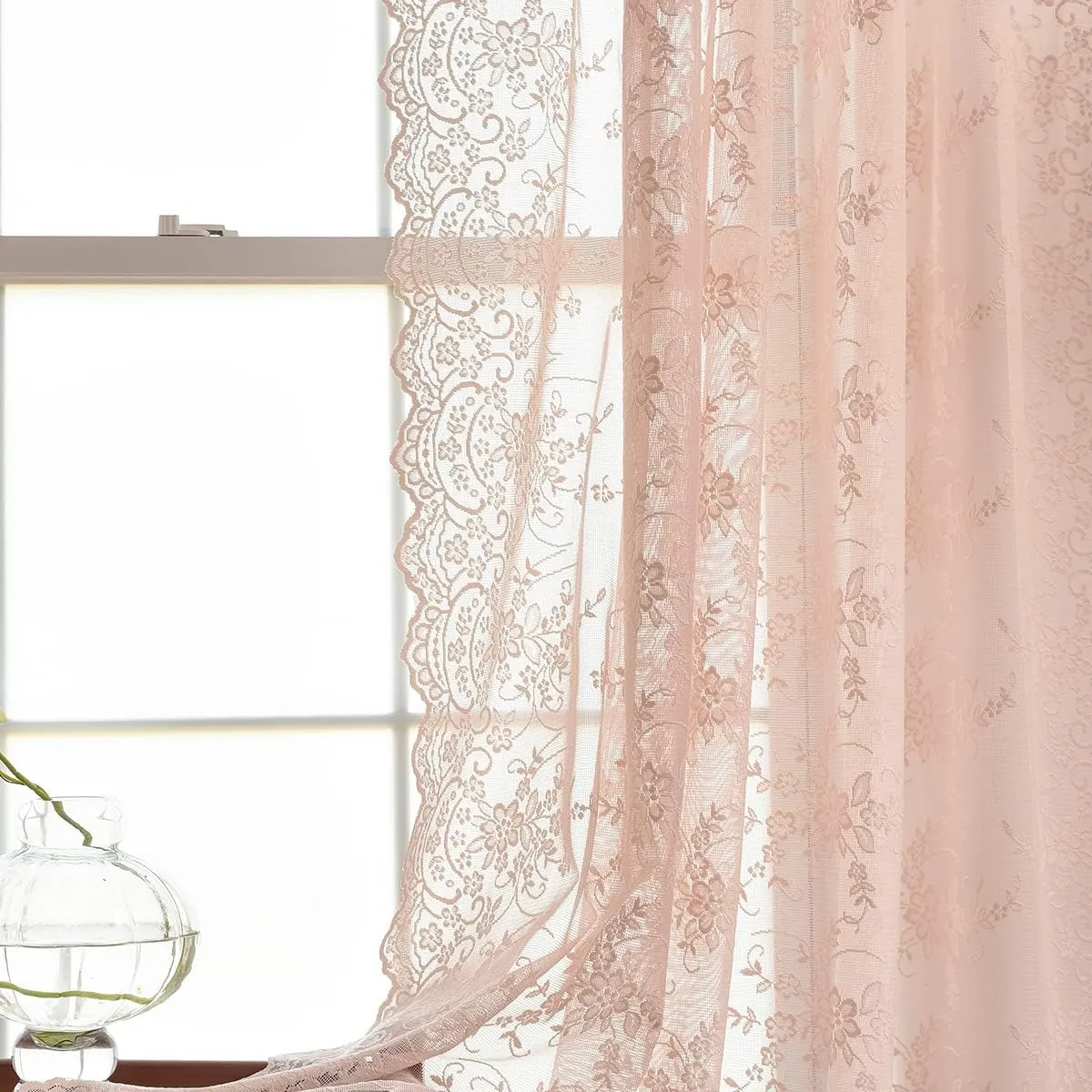Kotile Blush Lace Curtains 84 Inches Long, Embroidery Country Rustic Floral Sheer Lace Curtains for Girls Room, Rod Pocket Privacy Window Lace Sheer Curtains, 52 x 84 in, 2 Panels, Blush Pink