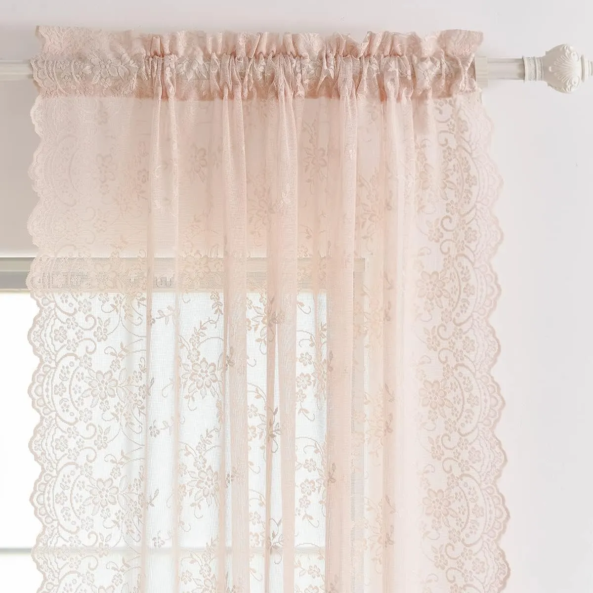 Kotile Blush Lace Curtains 84 Inches Long, Embroidery Country Rustic Floral Sheer Lace Curtains for Girls Room, Rod Pocket Privacy Window Lace Sheer Curtains, 52 x 84 in, 2 Panels, Blush Pink