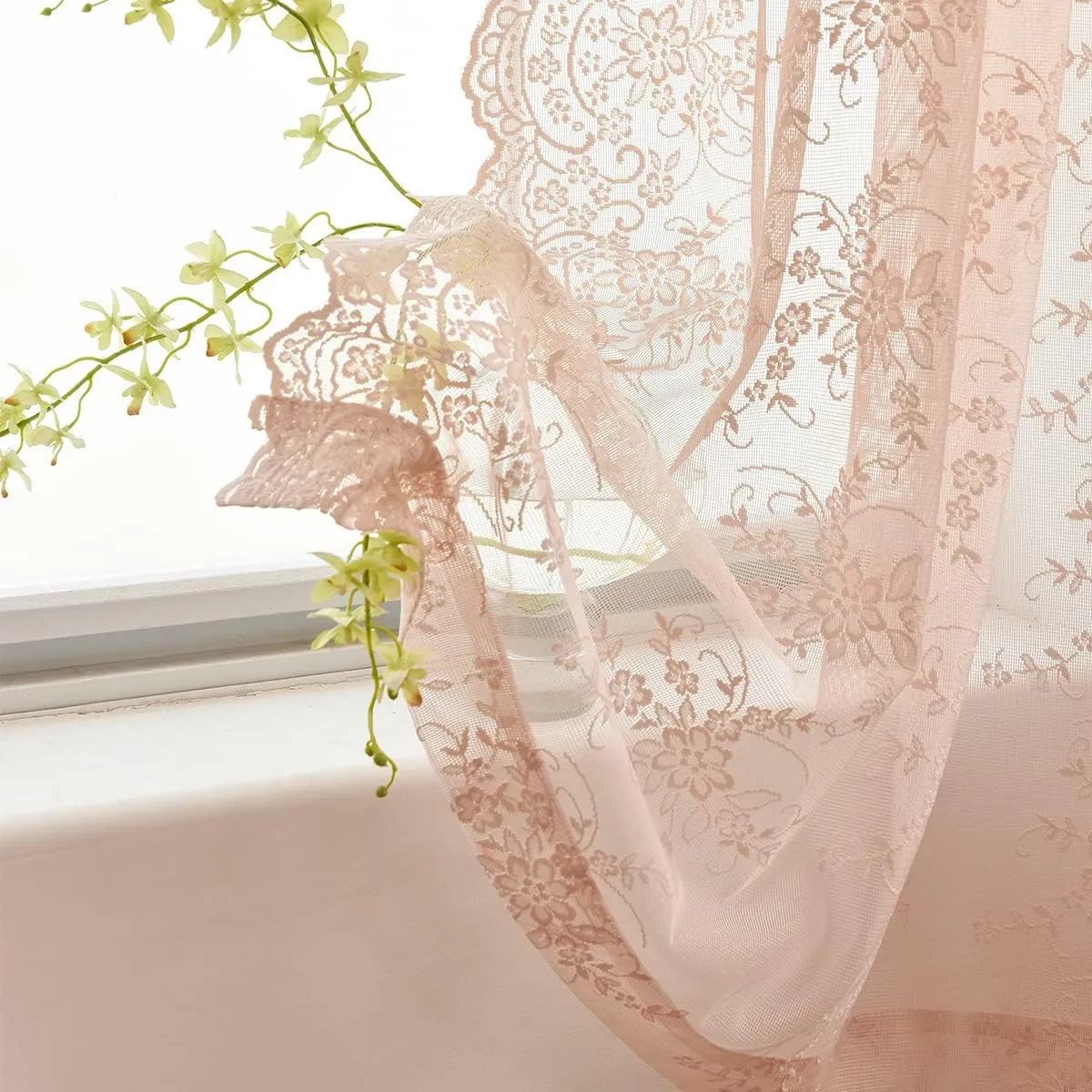 Kotile Blush Lace Curtains 84 Inches Long, Embroidery Country Rustic Floral Sheer Lace Curtains for Girls Room, Rod Pocket Privacy Window Lace Sheer Curtains, 52 x 84 in, 2 Panels, Blush Pink