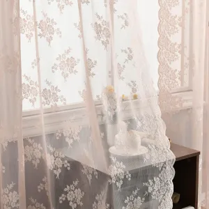 Kotile Blush Pink Lace Curtains for Bedroom, Country Floral Embroidered Vintage Sheer Lace Curtains 45 Inch Length 2 Panels Set, Rod Pocket Privacy Scalloped Lace Window Curtains, Each 52 x 45 Inch