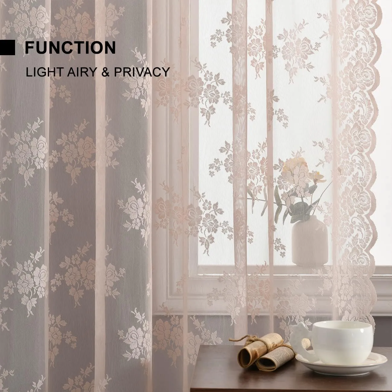 Kotile Pink Lace Curtains for Bedroom - Country Floral Knitted Curtains 84 Inches Long, Scalloped Sheer Drapes for Girls Room, Rod Pocket Privacy Coquette Window Curtain, 52 x 84 Inch, 2 Panels