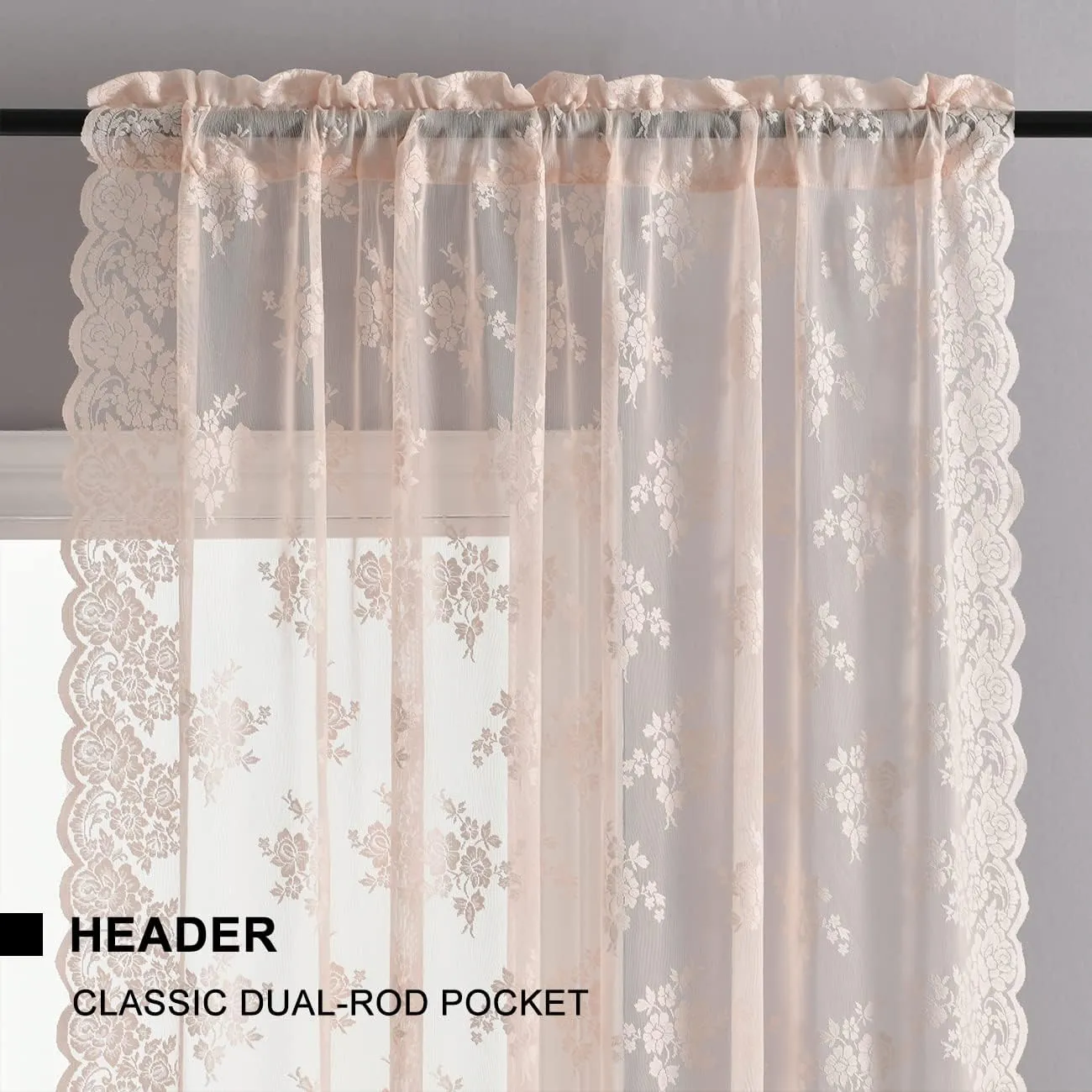 Kotile Pink Lace Curtains for Bedroom - Country Floral Knitted Curtains 84 Inches Long, Scalloped Sheer Drapes for Girls Room, Rod Pocket Privacy Coquette Window Curtain, 52 x 84 Inch, 2 Panels