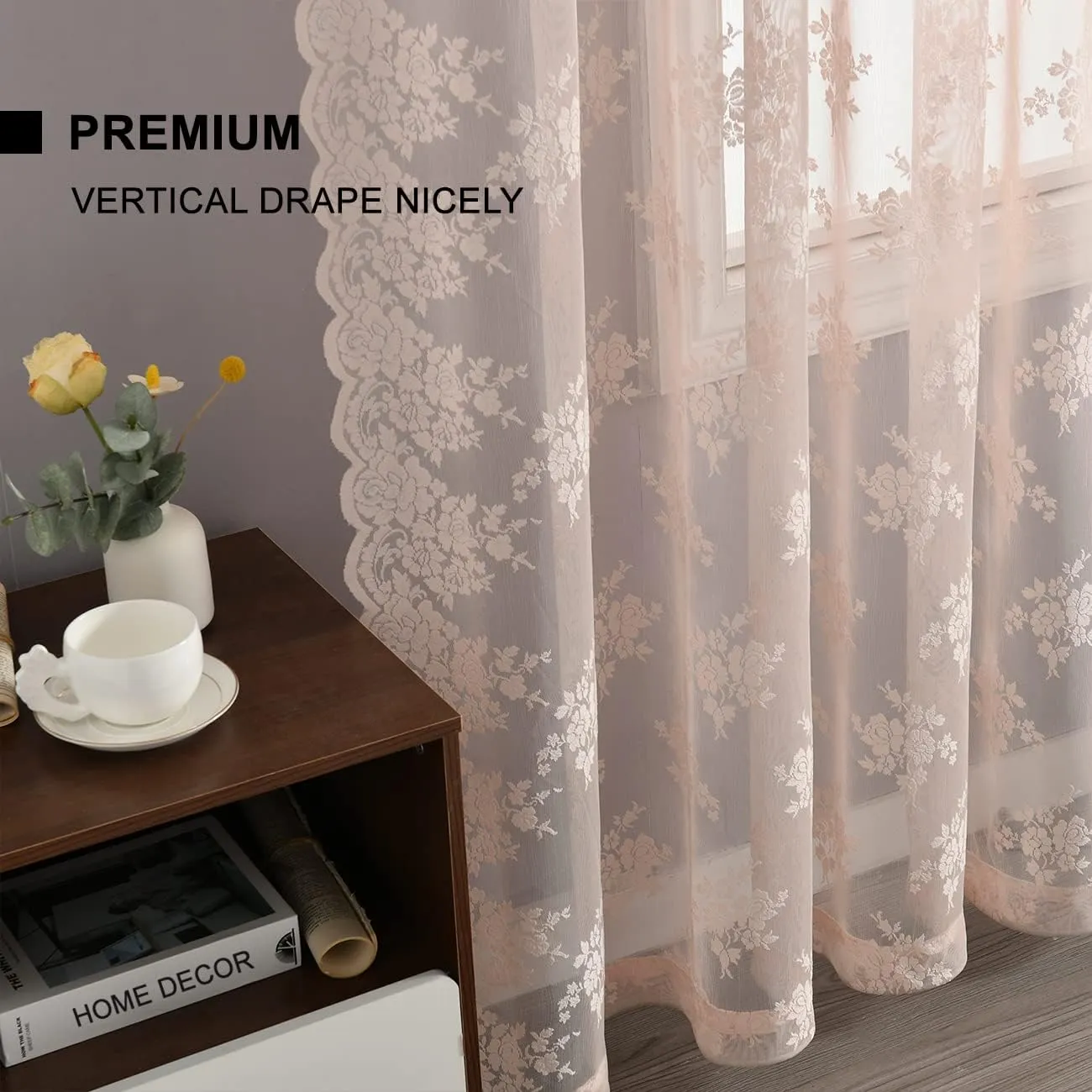 Kotile Pink Lace Curtains for Bedroom - Country Floral Knitted Curtains 84 Inches Long, Scalloped Sheer Drapes for Girls Room, Rod Pocket Privacy Coquette Window Curtain, 52 x 84 Inch, 2 Panels