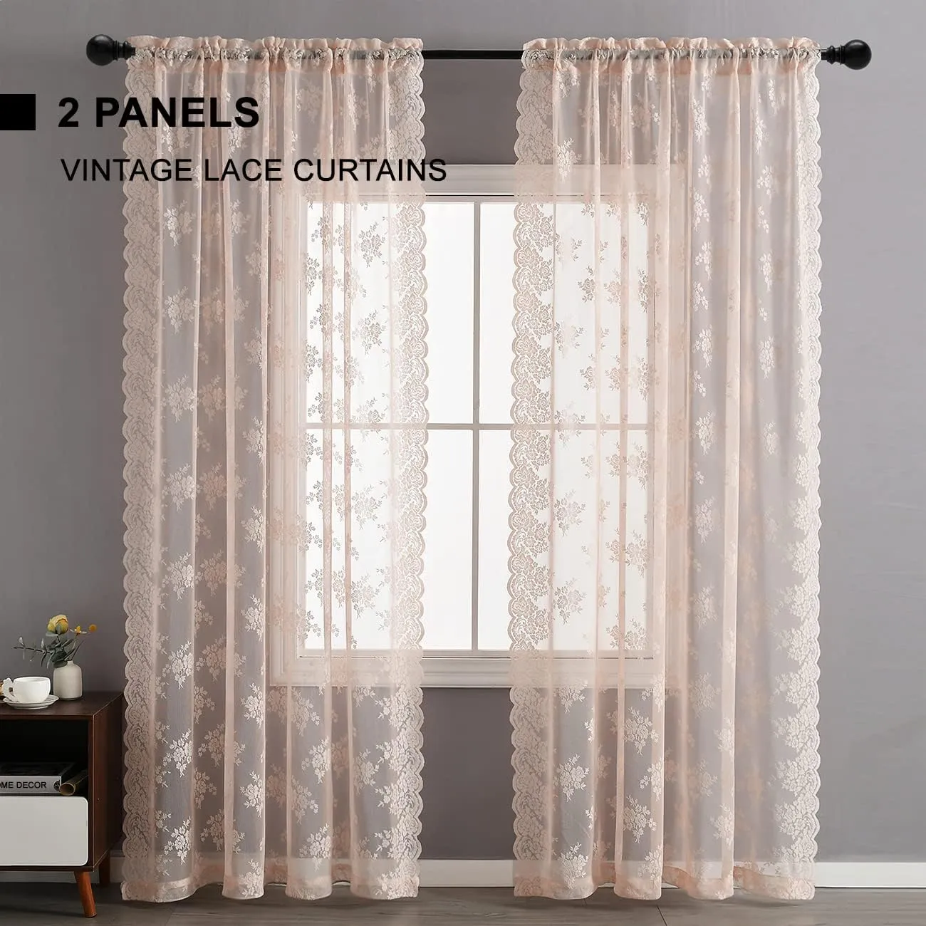 Kotile Pink Lace Curtains for Bedroom - Country Floral Knitted Curtains 84 Inches Long, Scalloped Sheer Drapes for Girls Room, Rod Pocket Privacy Coquette Window Curtain, 52 x 84 Inch, 2 Panels