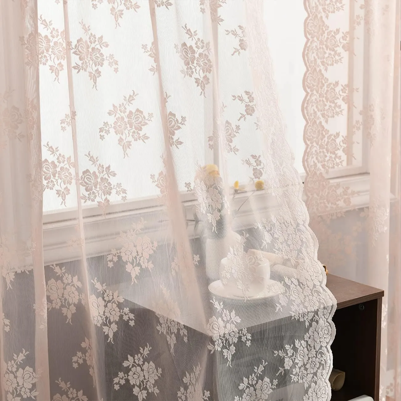 Kotile Pink Lace Curtains for Bedroom - Country Floral Knitted Curtains 84 Inches Long, Scalloped Sheer Drapes for Girls Room, Rod Pocket Privacy Coquette Window Curtain, 52 x 84 Inch, 2 Panels
