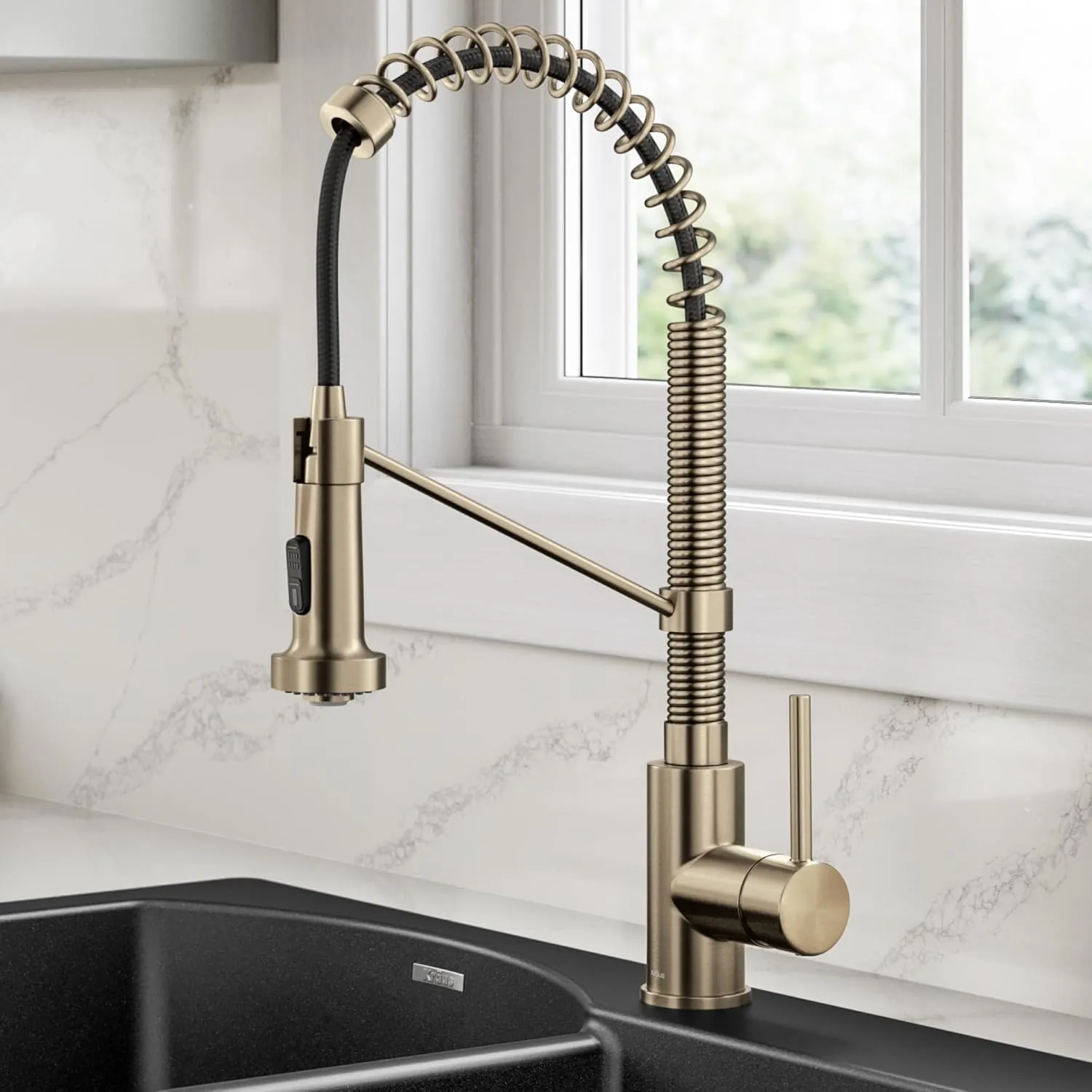 KRAUS Bolden Commercial Style 2-Function Single Handle Pull Down Kitchen Faucet in Spot-Free Antique Champagne Bronze, KPF-1610SFACB