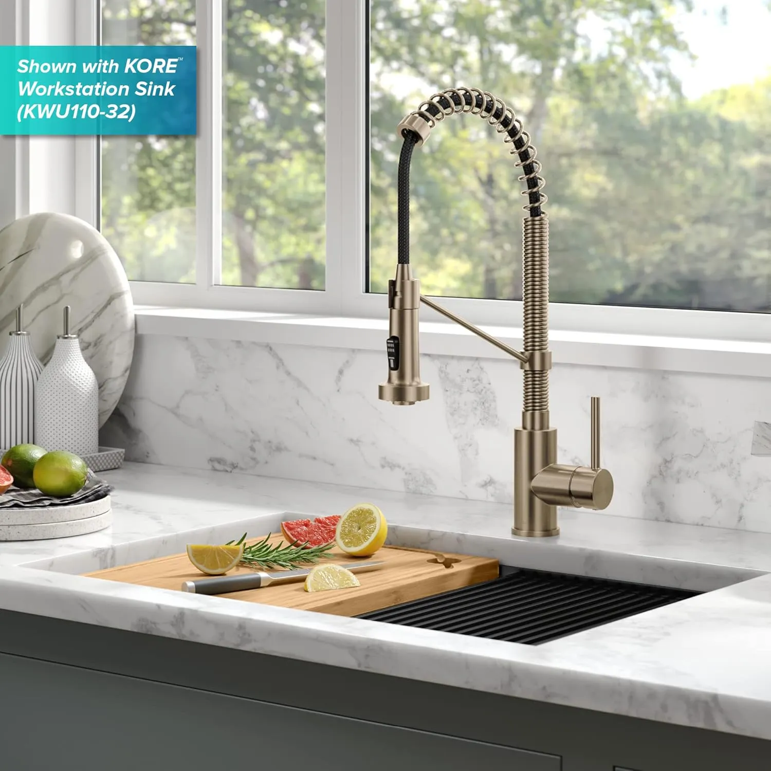 Kraus Bolden Touchless Sensor Commercial Style 2-Function Single Handle Pull Down Kitchen Faucets in Spot-Free Antique Champagne Bronze, KSF-1610SFACB