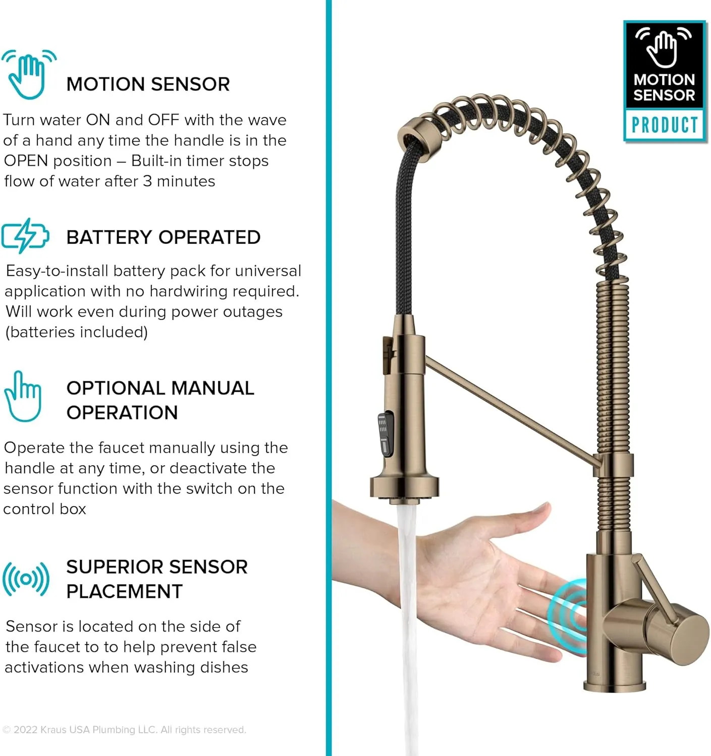 Kraus Bolden Touchless Sensor Commercial Style 2-Function Single Handle Pull Down Kitchen Faucets in Spot-Free Antique Champagne Bronze, KSF-1610SFACB
